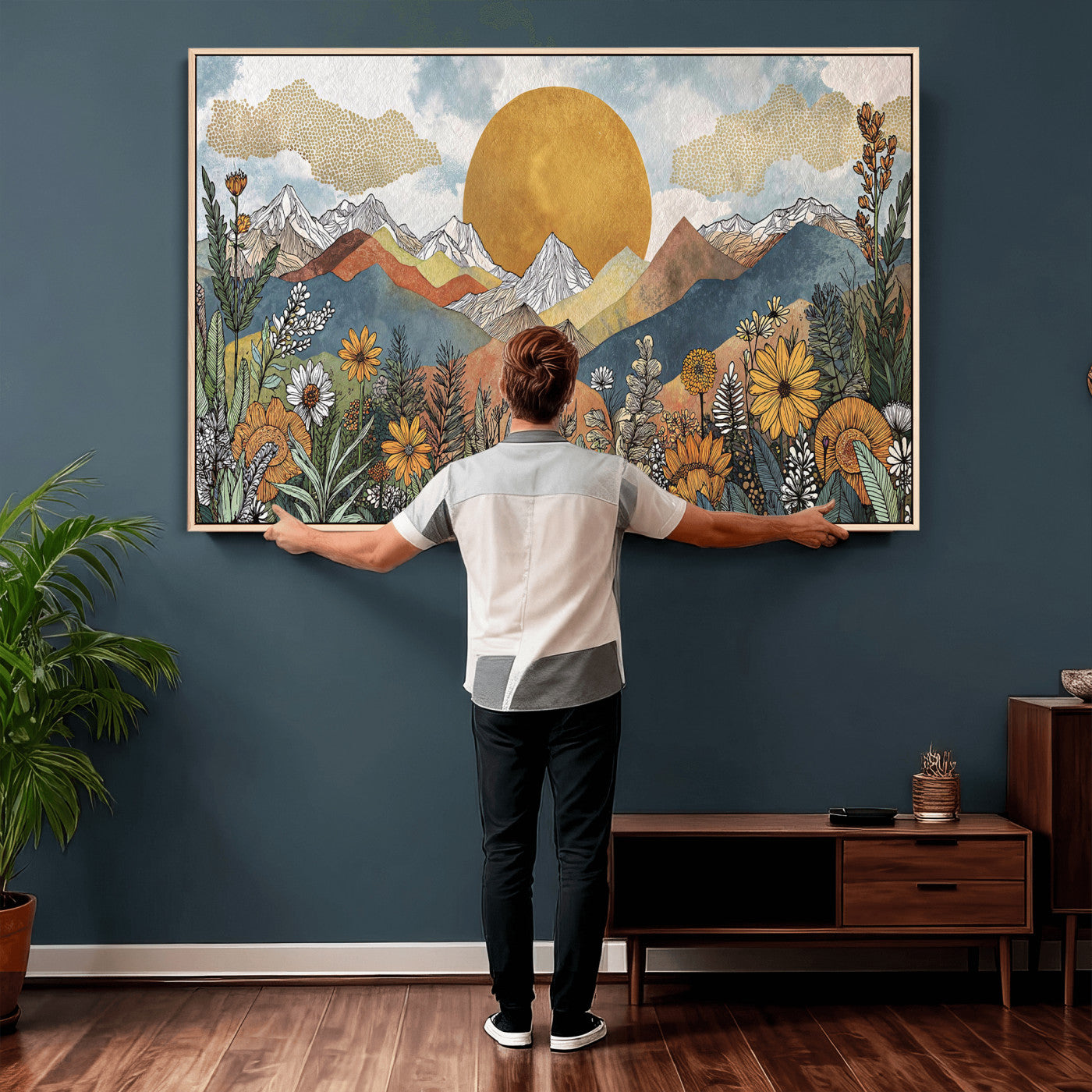 17540863-MGV-CV-36X24 - Boho Mountain Landscape Large Wall Art, Horizontal Gold Framed Canvas Print with Sun and Flowers