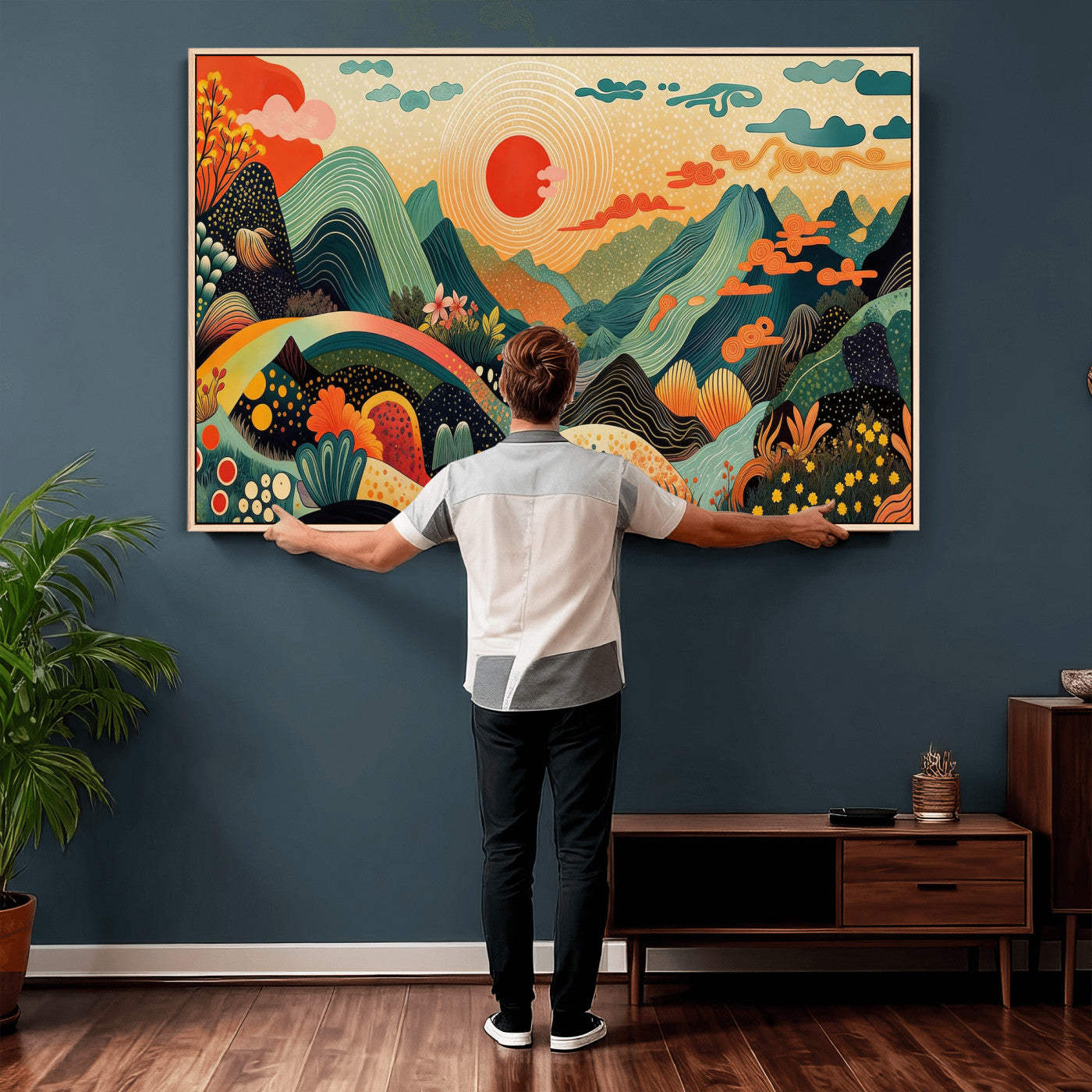 29927191-MGV-CV-36X24 - Yayoi Kusama Boho Mountain Landscape Large Wall Art, Horizontal Gold Framed Canvas Print with Sun and Flowers