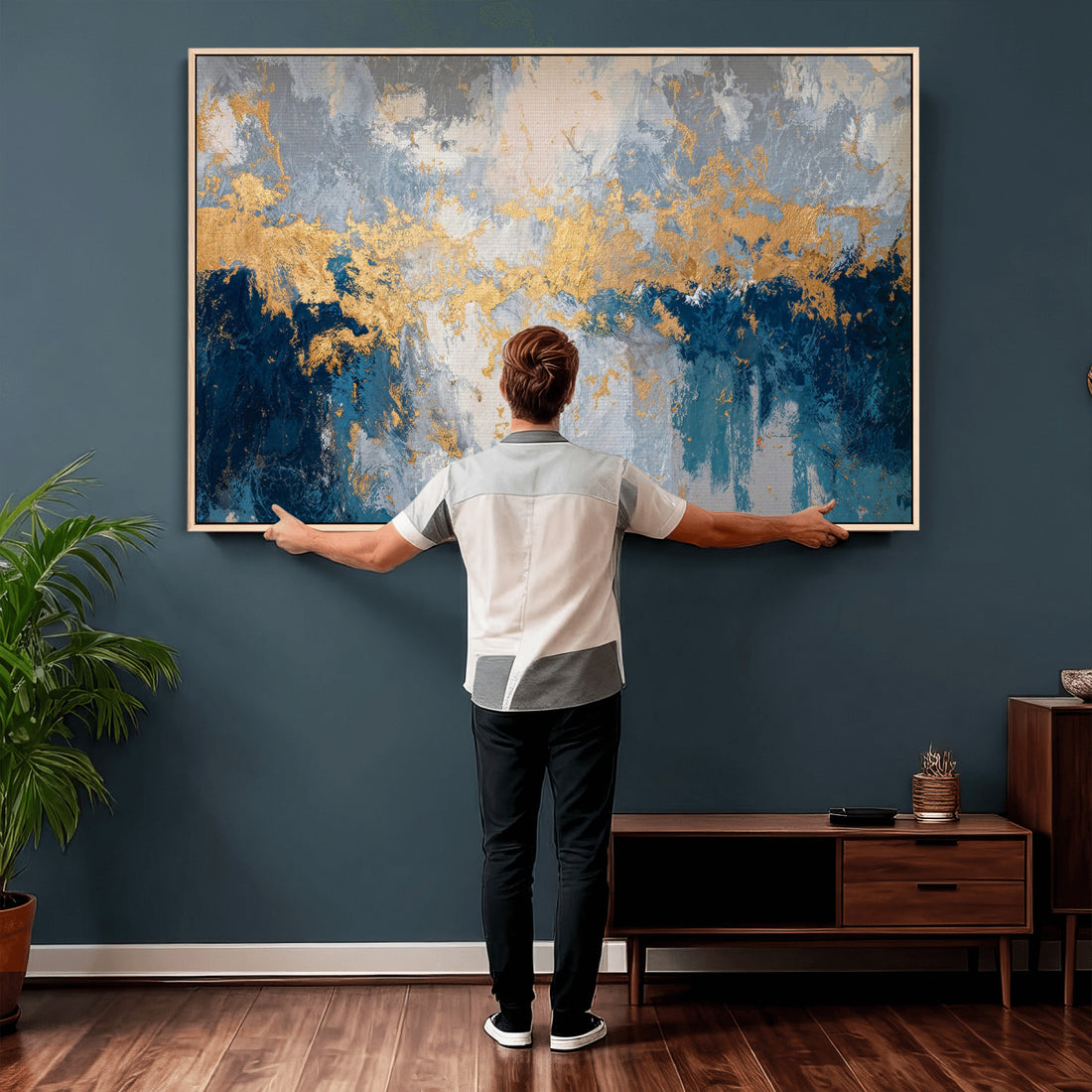 Blue Gold Abstract Large Framed Canvas Wall Art, Modern Luxury Print