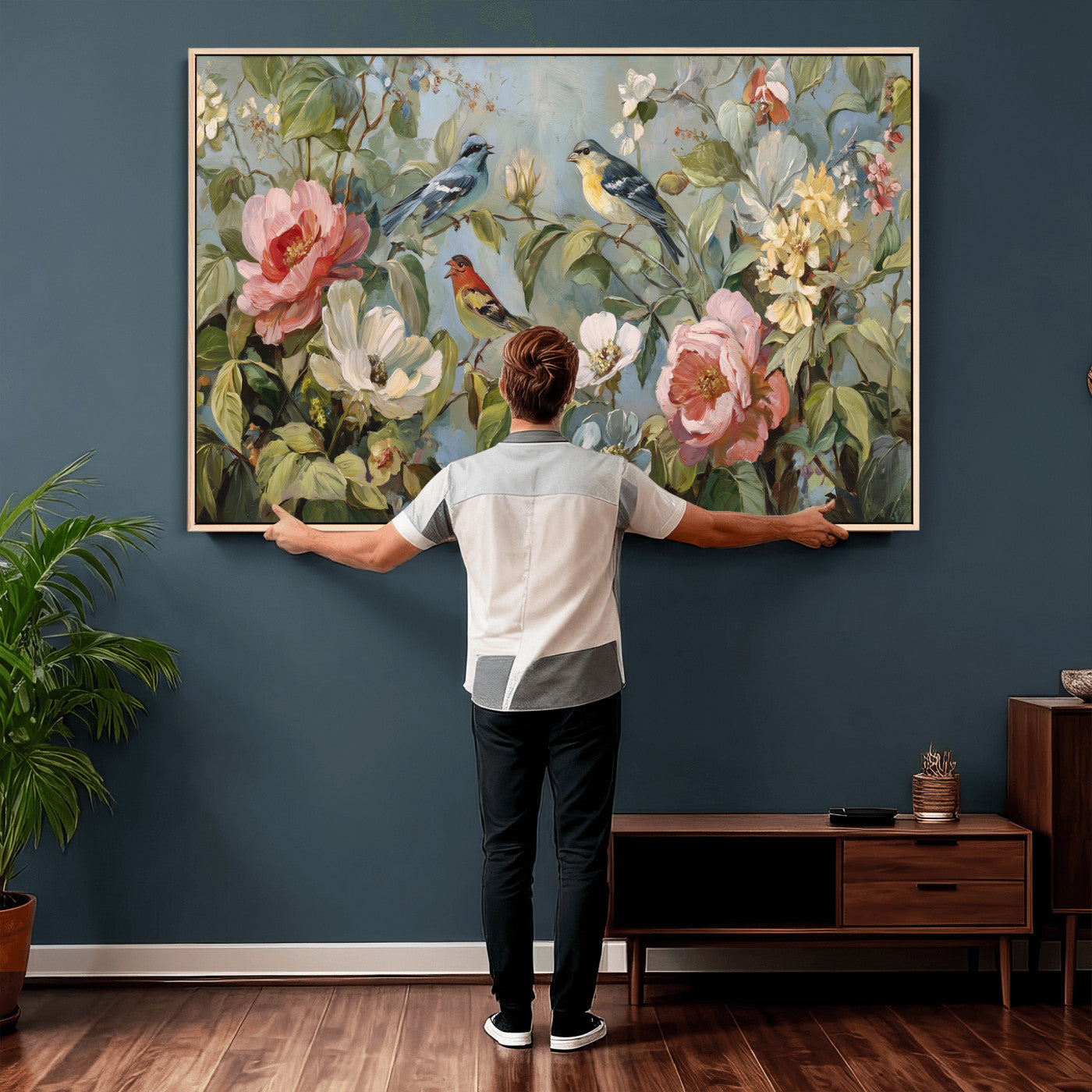 55440837-MGV-CV-36X24 - Vintage Birds and Flowers Wall Art Canvas Print, Botanical Bird Painting Canvas Print, Floral Garden Bird Artwork Canvas Print, Classic Bird Flower Painting Canvas Print