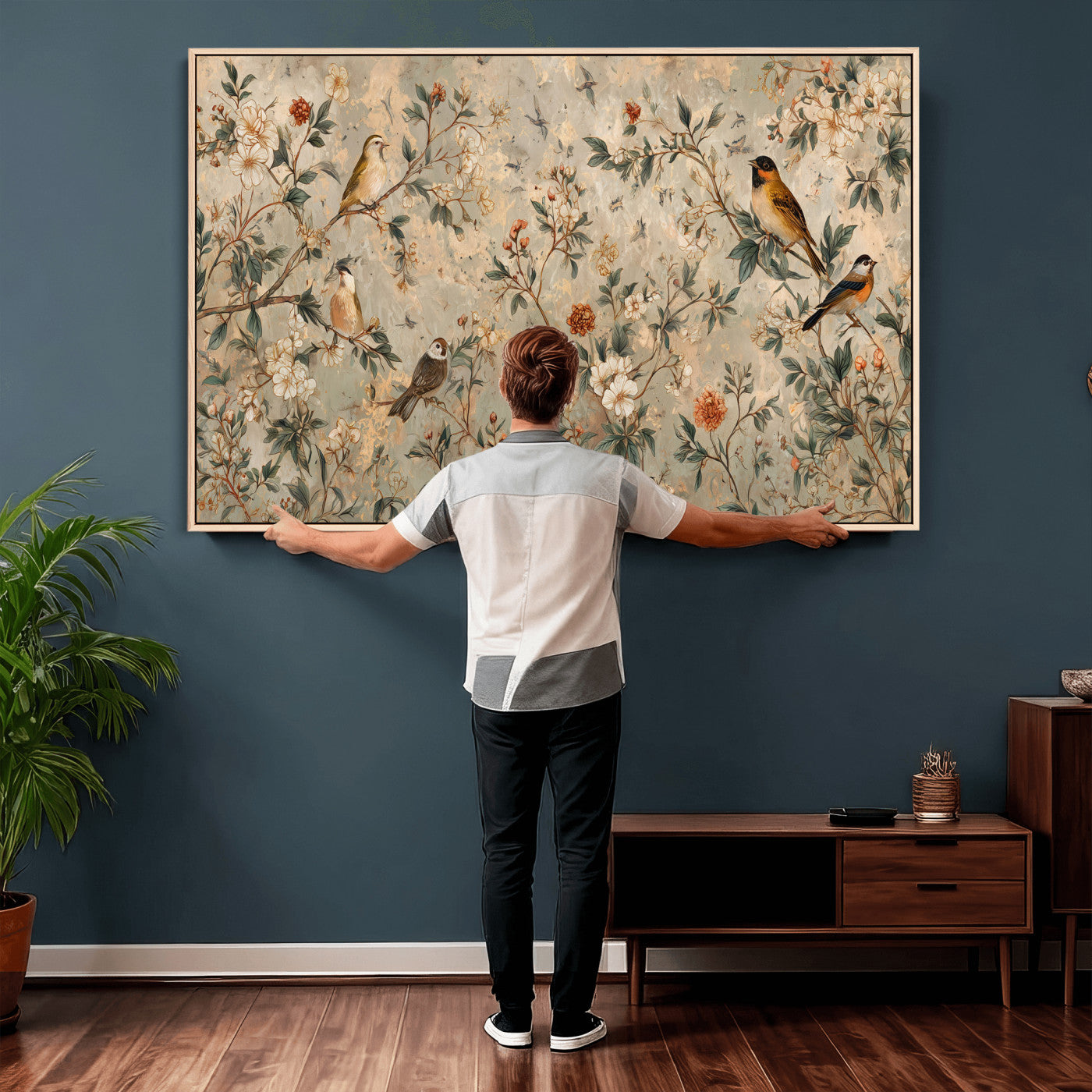 76588438-MGV-CV-36X24 - Vintage Birds and Flowers Wall Art Canvas Print, Botanical Bird Painting Canvas Print, Floral Garden Bird Artwork Canvas Print, Classic Bird Flower Painting Canvas Print