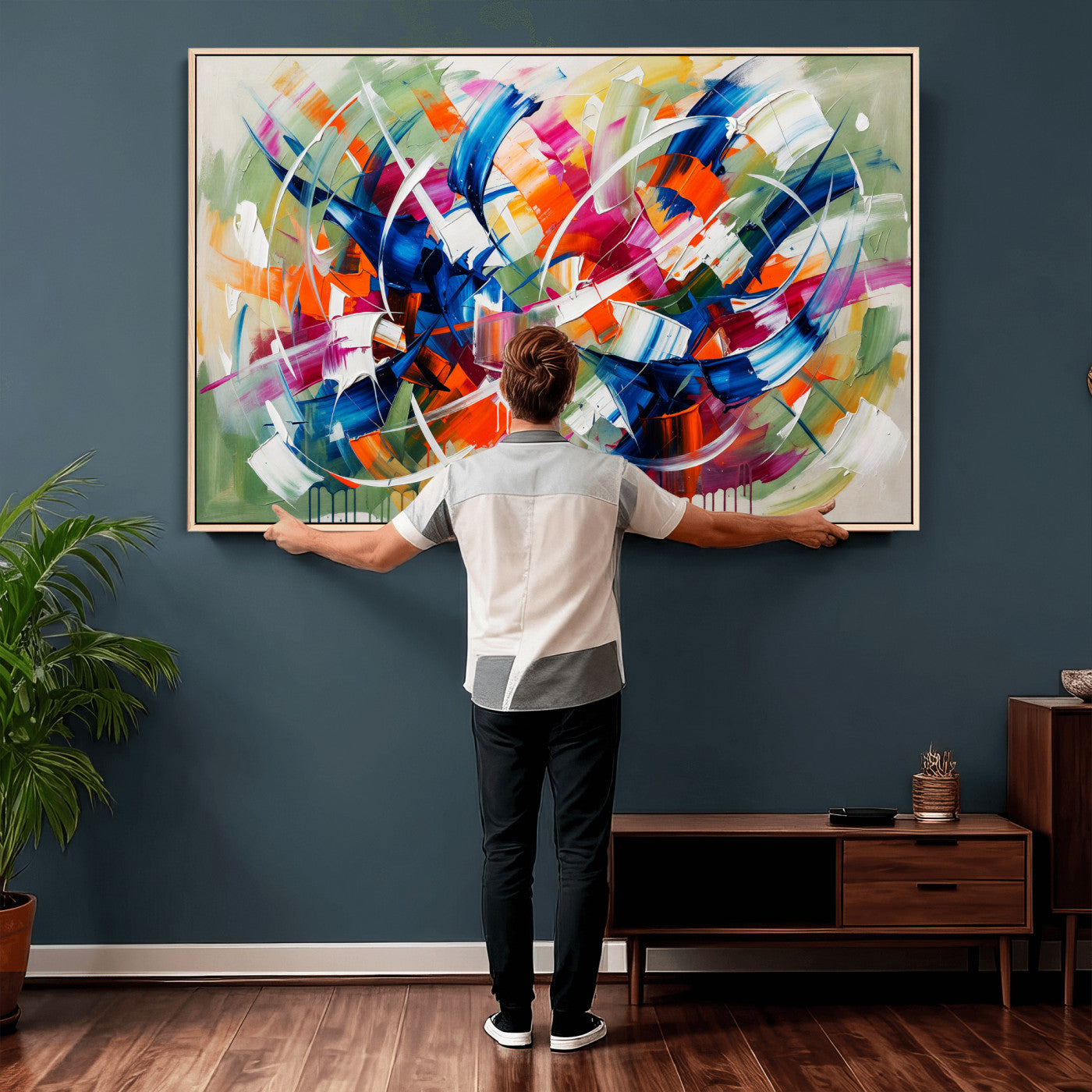 15032888-MGV-CV-36X24 - Geometric Abstract Wall Art Canvas Print, Orange Blue Abstract Expressionist Painting Print, Modern Geometric Abstract Canvas Art