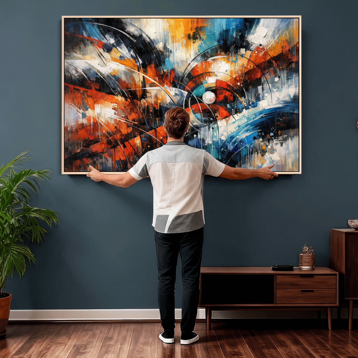 47120691-MGV-CV-36X24 - Geometric Abstract Wall Art Canvas Print, Orange Blue Abstract Expressionist Painting Print, Modern Geometric Abstract Canvas Art