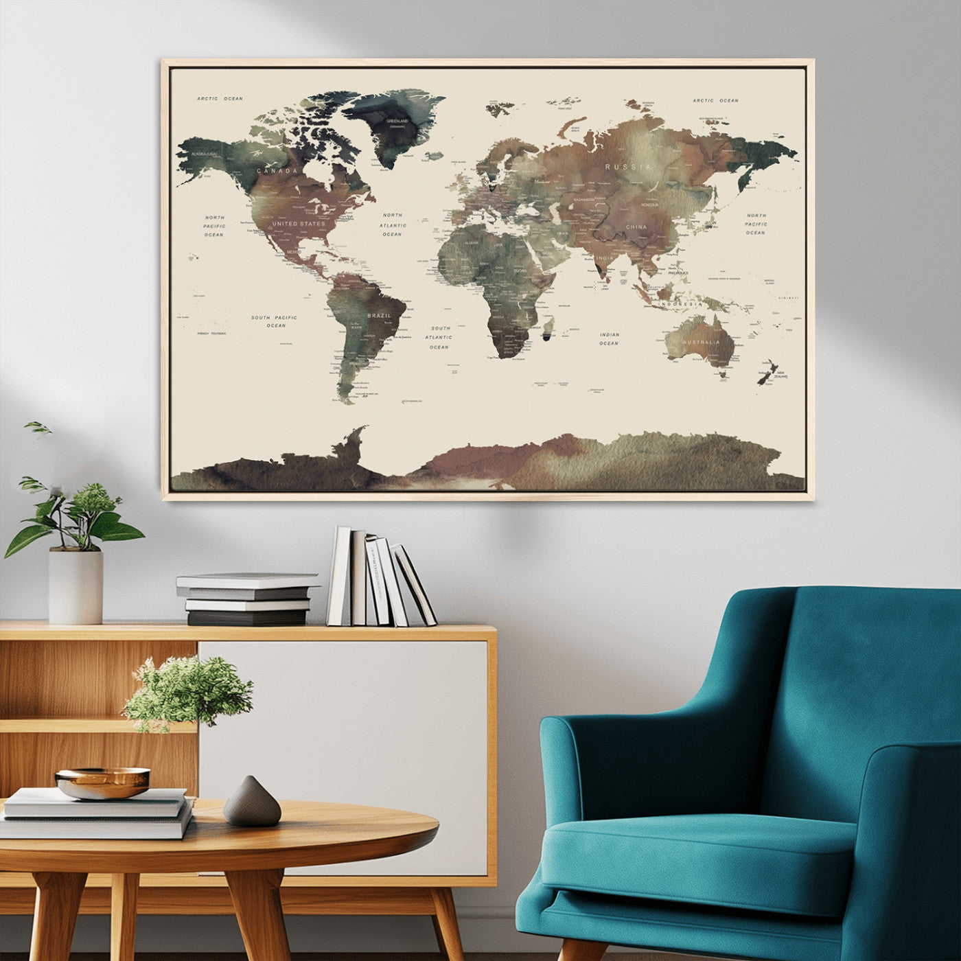 23199-MGV-CV-36X24-Neutral Watercolor World Map Canvas Wall Art – Framed Earth Tone Map Print, Minimalist Travel Artwork for Modern Home and Office Decor