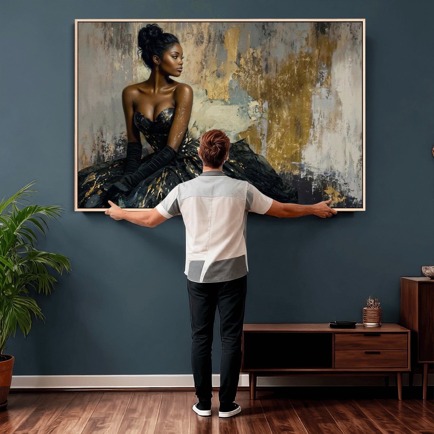 4712069Z1-MGV-CV-36X24 - Elegant Woman Canvas Wall Art — Black Gold Gown Fashion Print | Luxury Glam Wall Decor | African American Art | Bold Bedroom Wall Art Gift