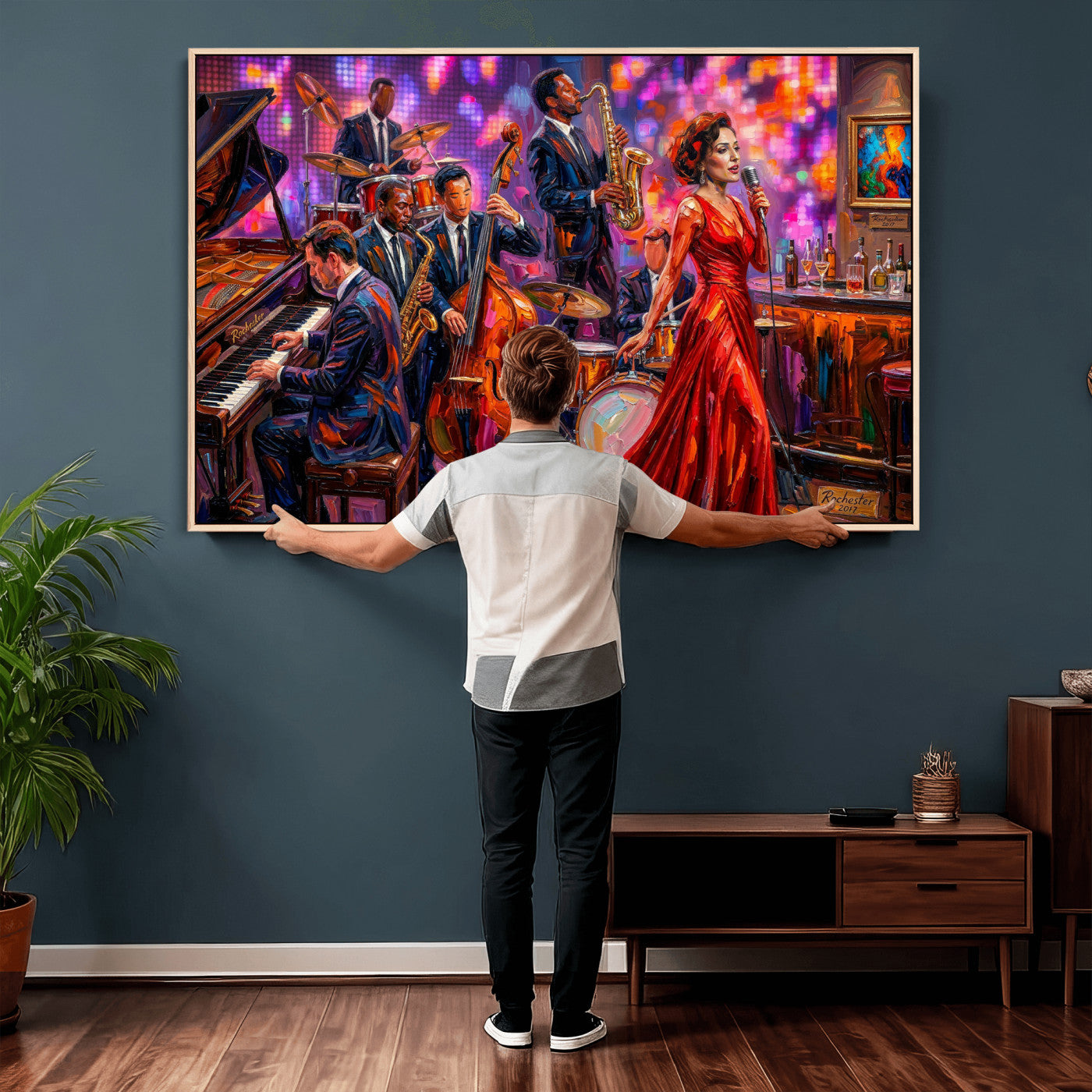 620930J20-MGV-CV-36X24 - Jazz Band Canvas Wall Art — Jazz Club Singer Saxophone Print | Music Wall Decor | Bar Restaurant Art | Music Lover Gift | Jazz Home Decor