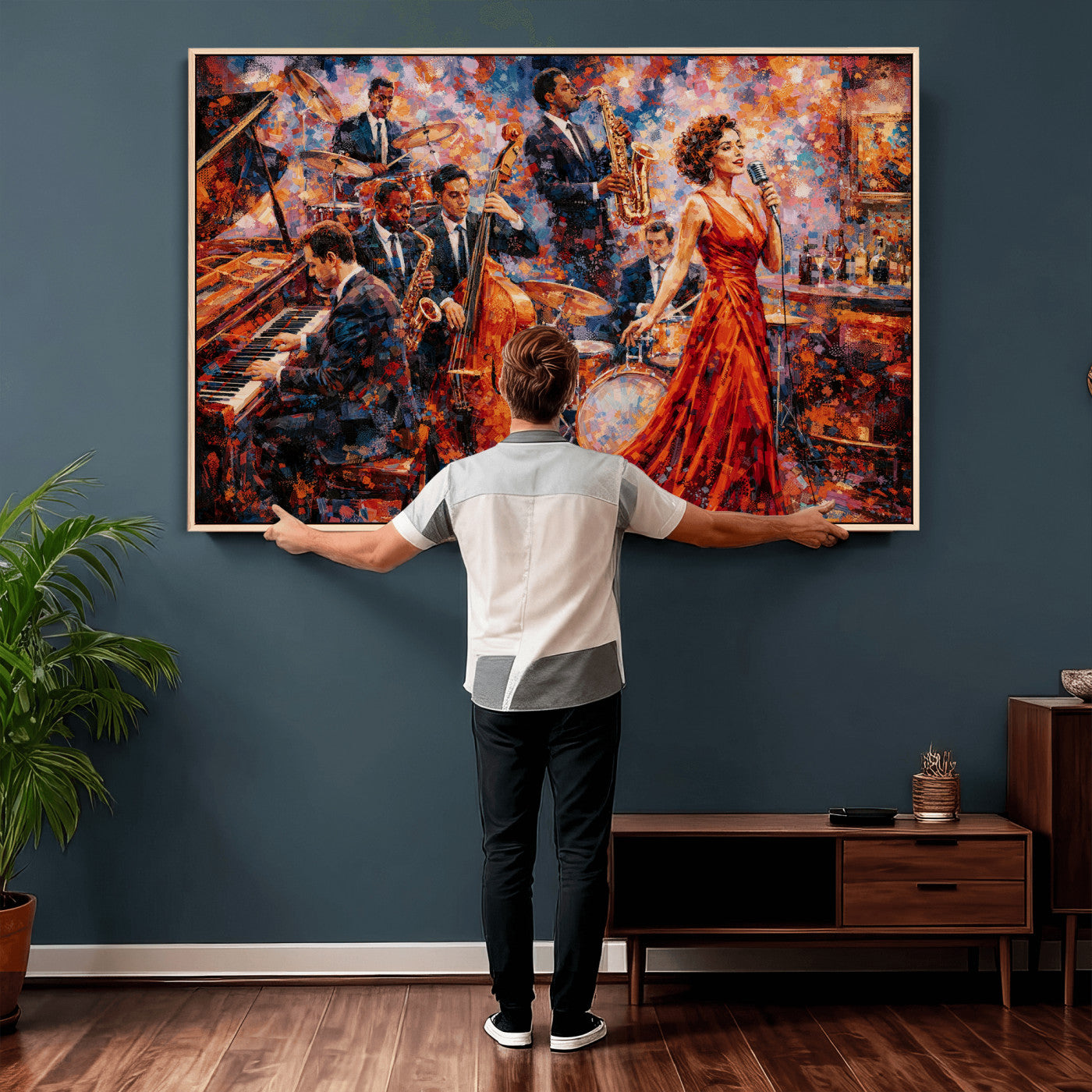 620930SF20-MGV-CV-36X24 - Jazz Band Canvas Wall Art — Jazz Club Singer Saxophone Print | Music Wall Decor | Bar Restaurant Art | Music Lover Gift | Jazz Home Decor