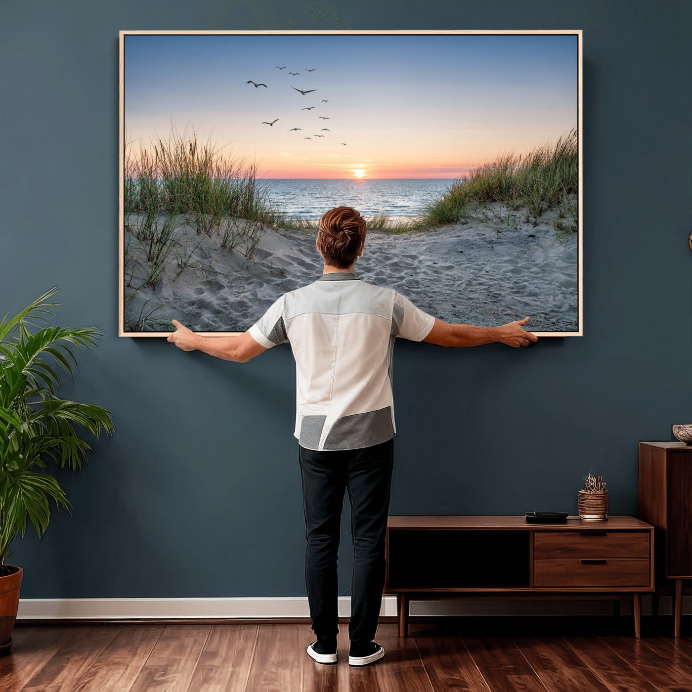 12172032-MGV-CV-36X24 - Sandy Dune Path Sunset Canvas Wall Art — Seagulls Beach Ocean Photography Print | Coastal Home Decor | Nautical Wall Art | Beach House Gift