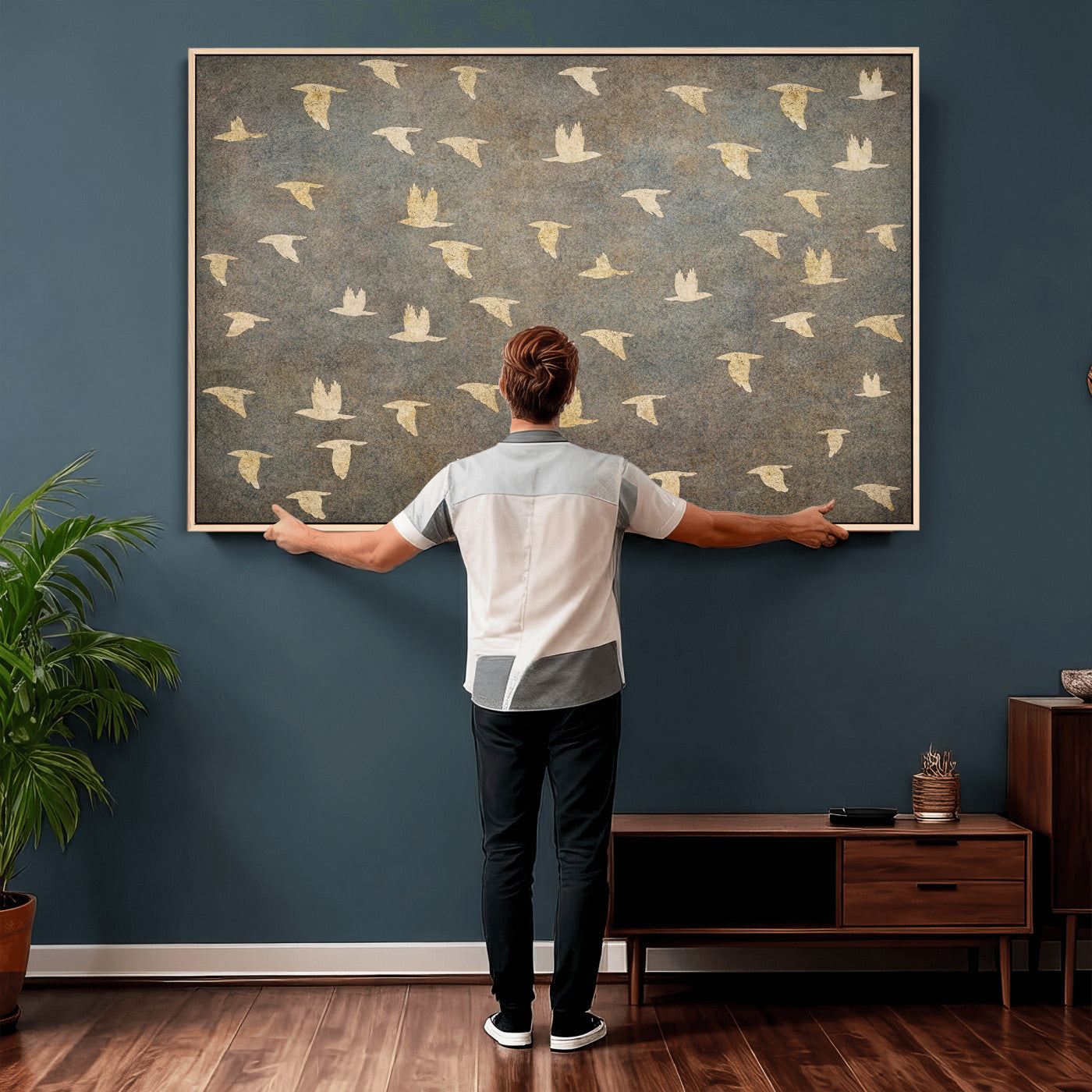 74076164-MGV-CV-36X24 - Flying Birds Canvas Wall Art, Vintage Bird Flock Pattern Print, Grey Gold Abstract Nature Decor, Rustic Bird Silhouette Art, Boho Living Room Decor