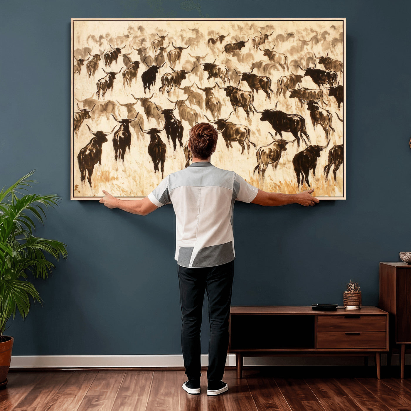 39077774-MGV-CV-36X24 - Texas Longhorn Sepia Canvas Wall Art, Western Cattle Stampede Painting Print, Warm Amber Ranch Decor, Rustic Cowboy Home Art, Large Living Room Decor