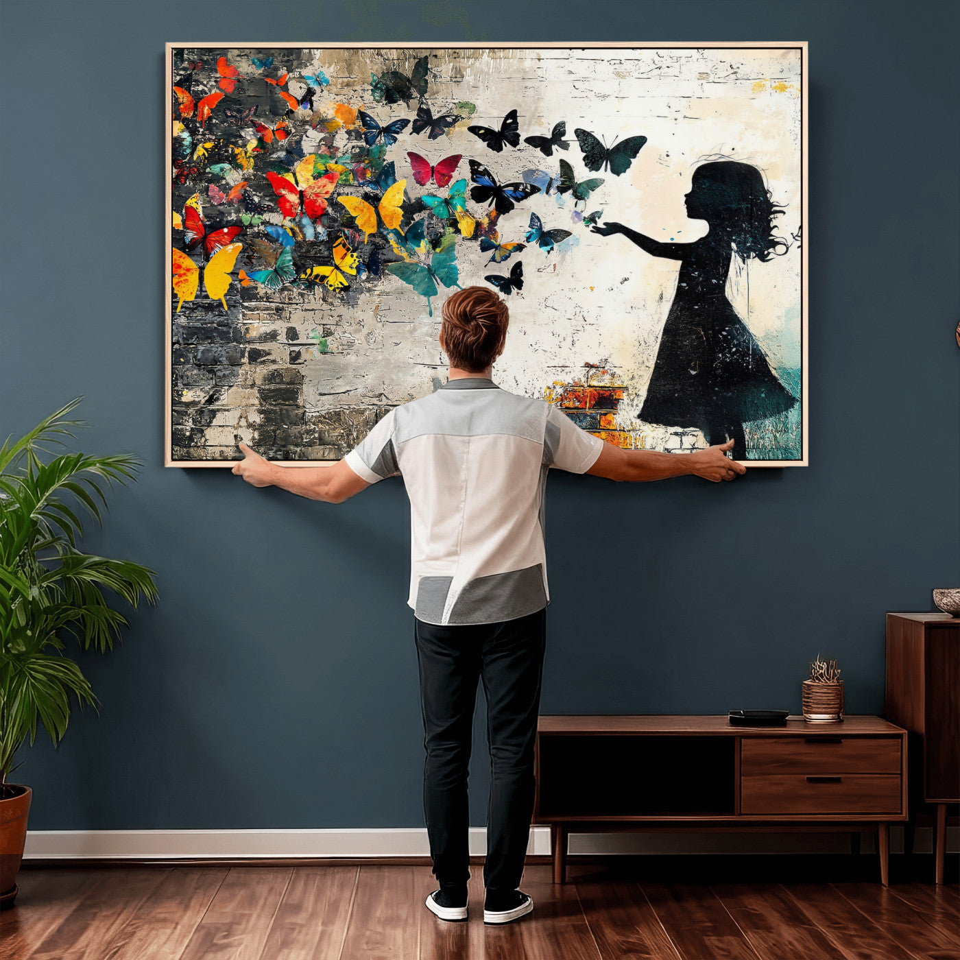 33909022-MGV-CV-36X24 - Banksy Butterfly Girl Wall Art Canvas Print, Framed Street Art Silhouette Graffiti Artwork, Colorful Butterfly Wall Decor for Living Room Bedroom Office
