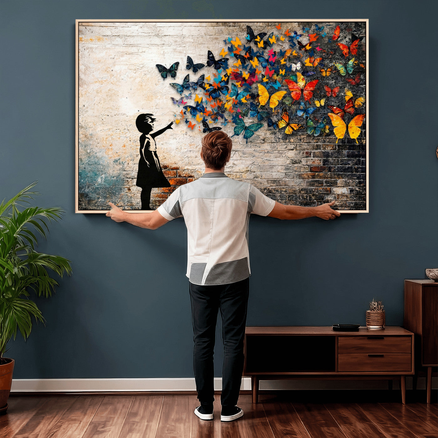 78760384-MGV-CV-36X24 - Banksy Graffiti Butterfly Girl Wall Art Canvas Print, Framed Street Art Canvas Print, Silhouette Butterfly Wall Art for Living Room Bedroom Office