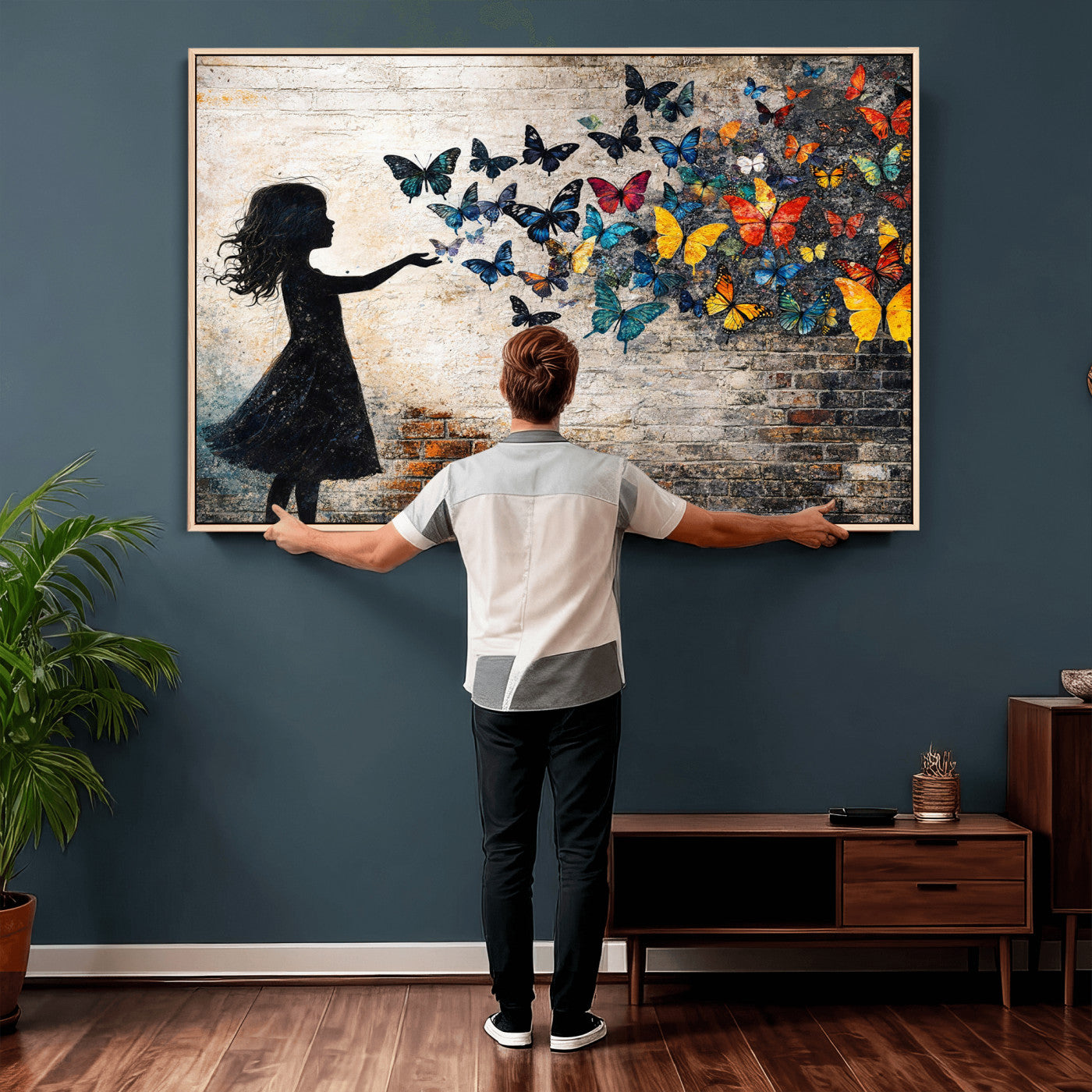 70522594-MGV-CV-36X24 - Banksy Butterfly Girl Wall Art Canvas Print, Framed Street Art Canvas Print, Graffiti Silhouette Butterfly Wall Art for Living Room Bedroom Office