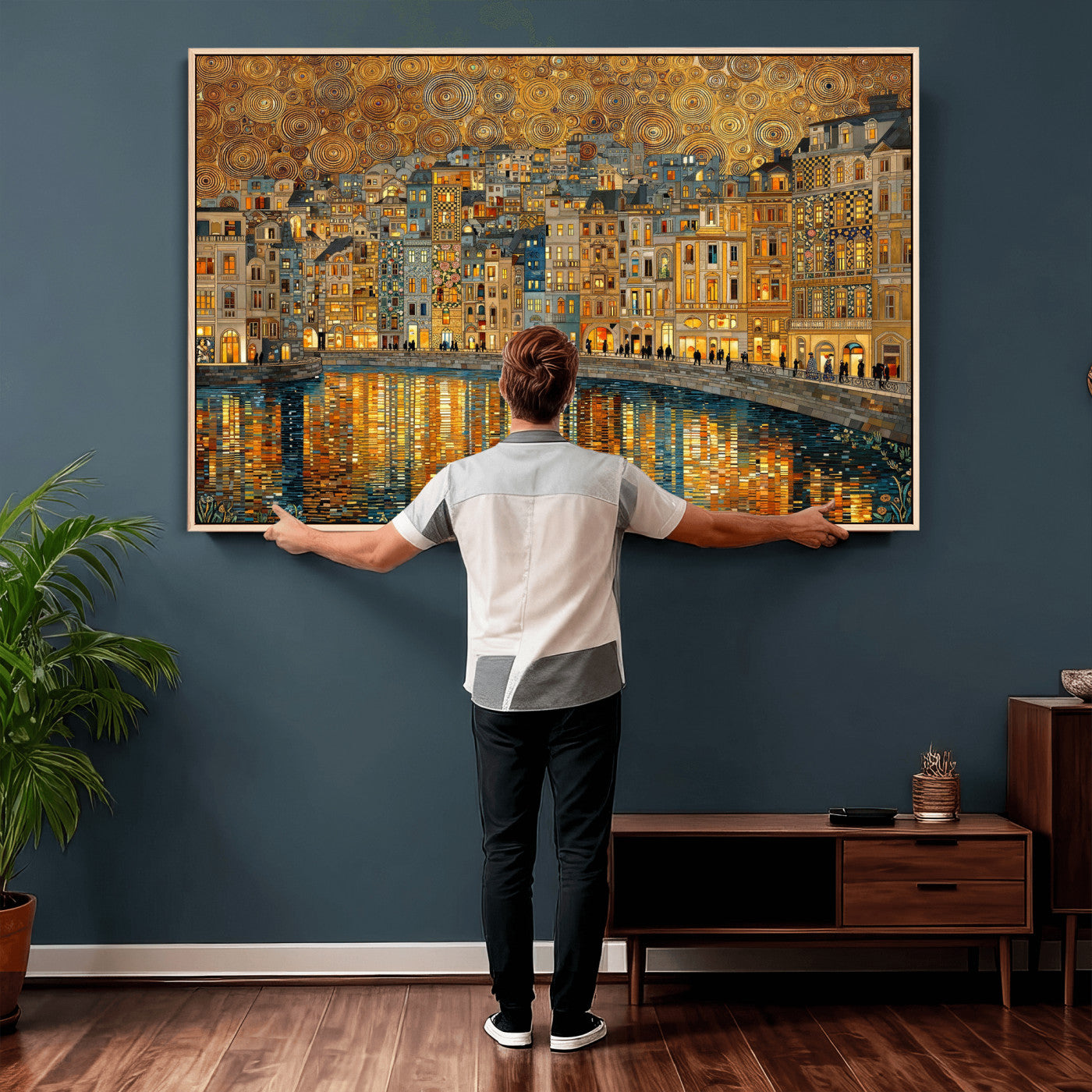 94022787-MGV-CV-36X24 - Gustav Klimt Golden Cityscape Wall Art Canvas Print, Framed River Town Landscape Artwork, Ornate Architecture Wall Decor for Living Room Bedroom Office