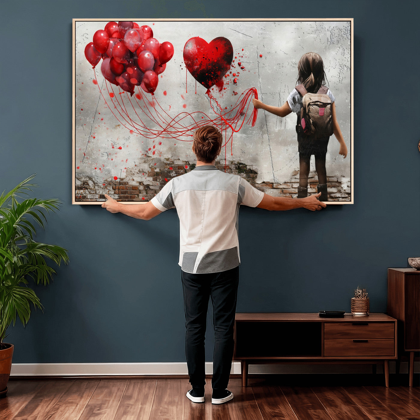 2162830T-MGV-CV-36X24 - Girl Graffiti Wall Art Canvas Print, Red Balloon Heart Street Art, Urban Love Artwork for Living Room Bedroom Hallway Office, Modern Abstract Canvas Wall Decor Home Decor