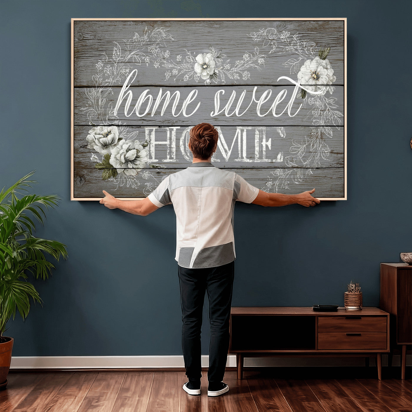 42160089-MGV-CV-36X24 - Home Sweet Home Sign Wall Art Canvas Print, Floral Farmhouse Sign, Rustic Neutral Entryway Bedroom Living Room Decor