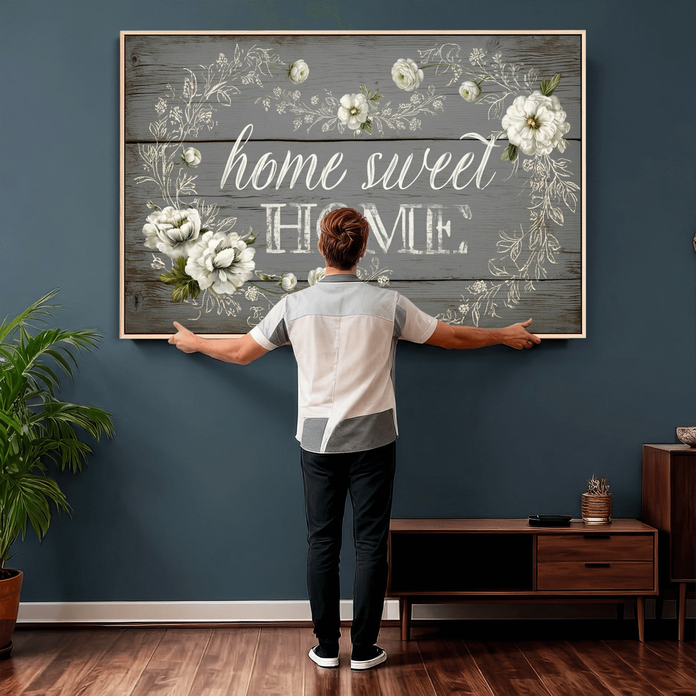 32056075-MGV-CV-36X24 - Home Sweet Home Wall Art Canvas Print, Floral Farmhouse Sign, Rustic Neutral Entryway Bedroom Living Room Decor