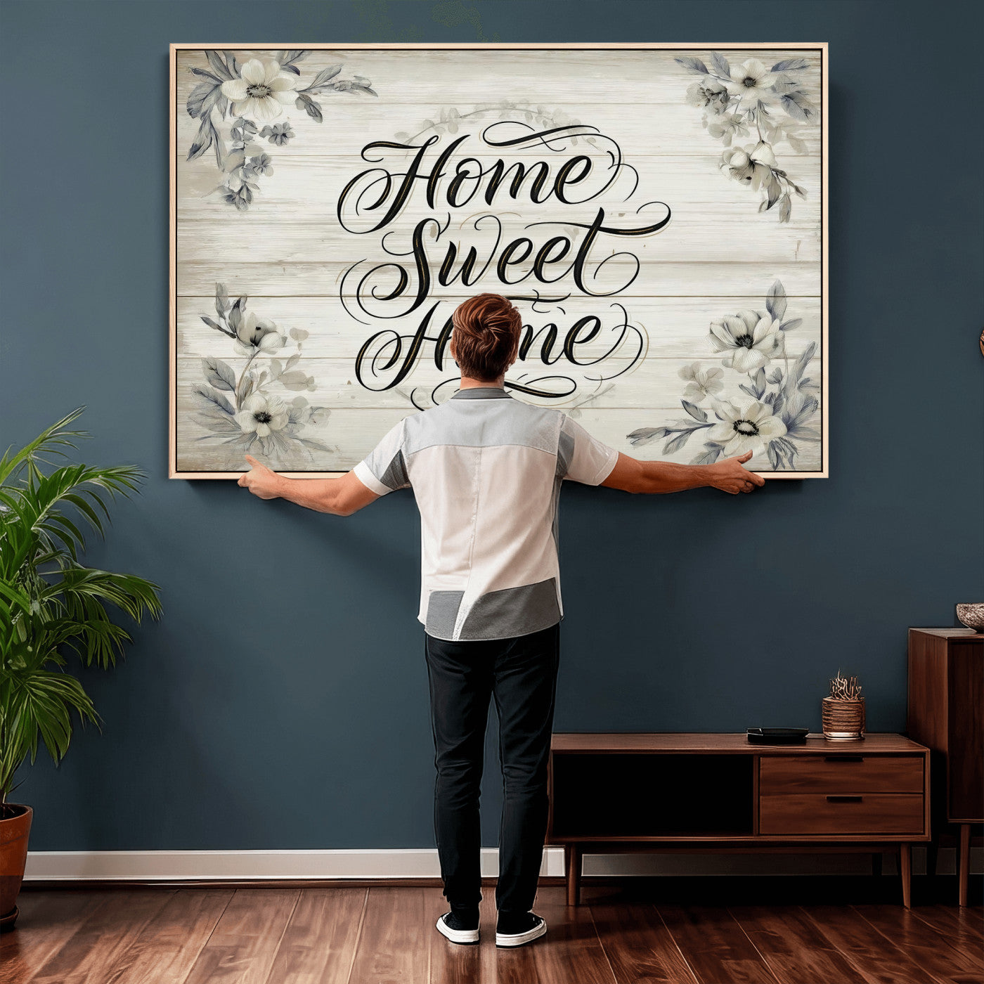 11120405-MGV-CV-36X24 - Home Sweet Home Wall Art Canvas Print, Floral Farmhouse Sign, Rustic Neutral Entryway Bedroom Living Room Decor