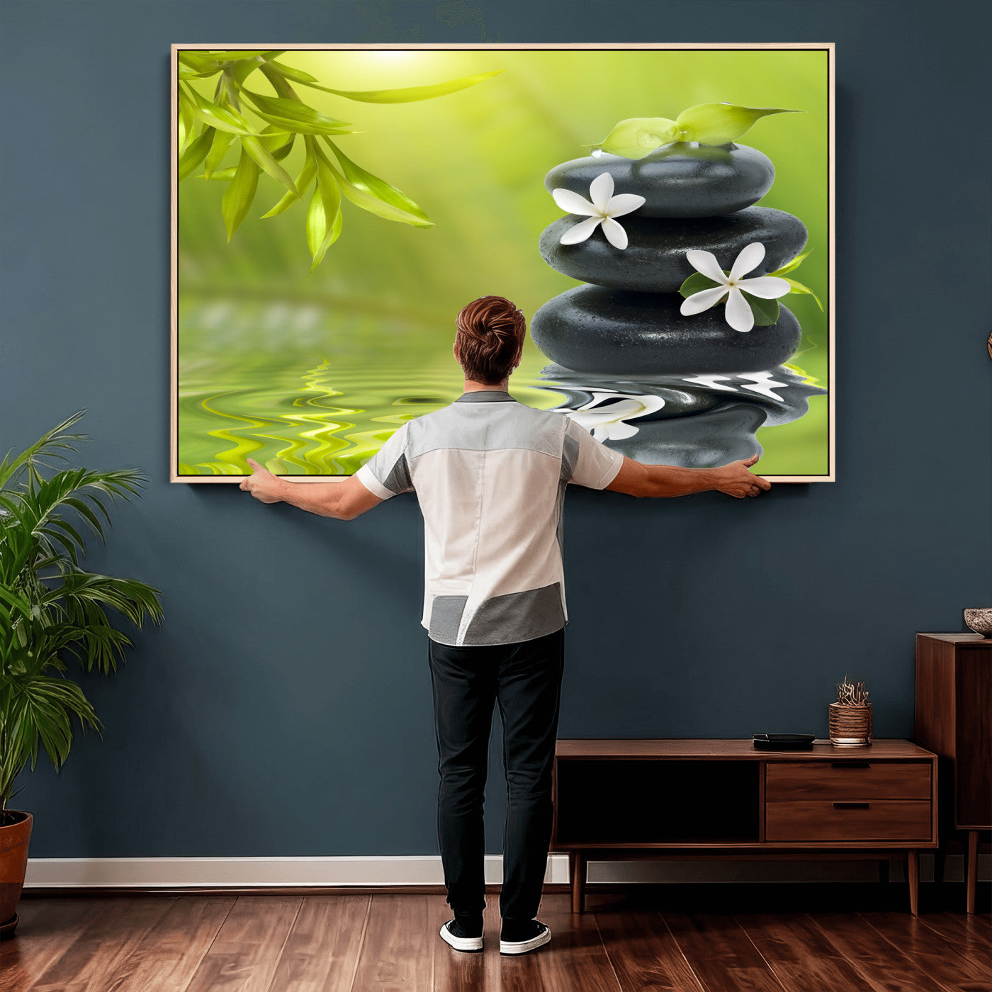 51106626-MGV-CV-36X24 - Plumeria Frangipani Black Stone Canvas | White Flower Spa Photography Print | Tropical Zen Wall Art | Grey Pebble Floral for Meditation Yoga Room Decor