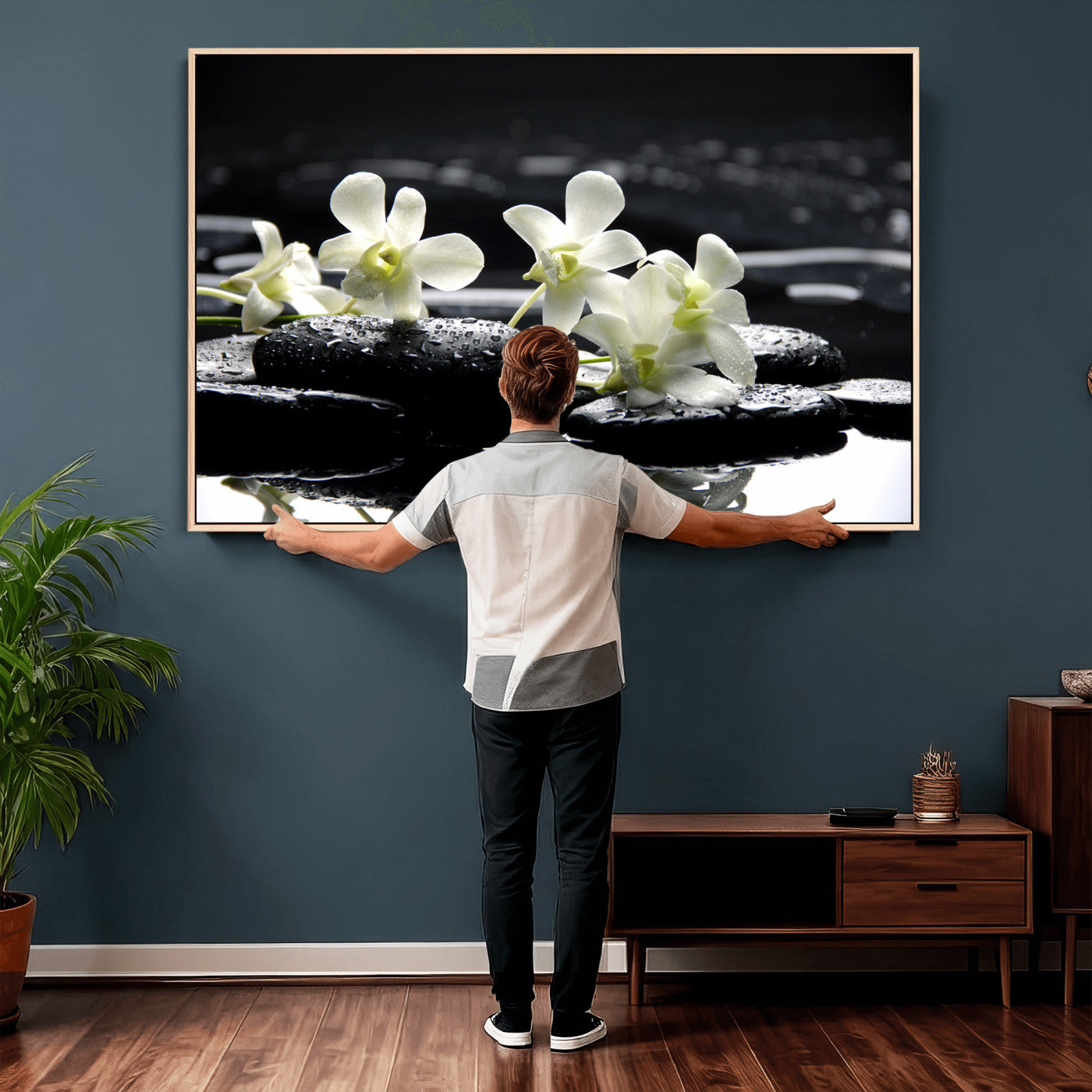 79486206-MGV-CV-36X24 - Plumeria Frangipani Black Stone Canvas | White Flower Spa Photography Print | Tropical Zen Wall Art | Grey Pebble Floral for Meditation Room Decor