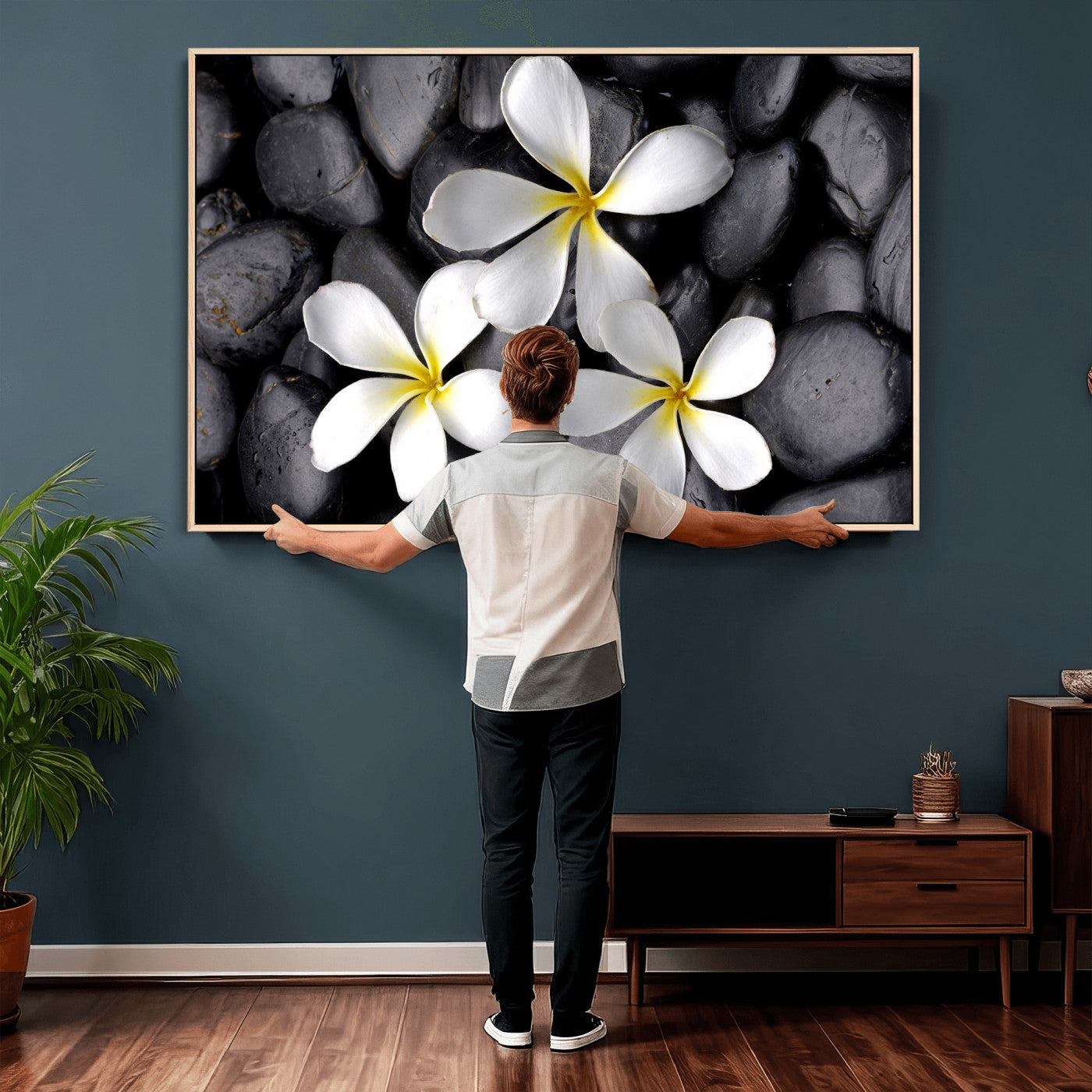 43639613-MGV-CV-36X24 - Plumeria Frangipani Black Stone Canvas | White Flower Spa Photography Print | Tropical Zen Wall Art | Grey Pebble Floral Decor