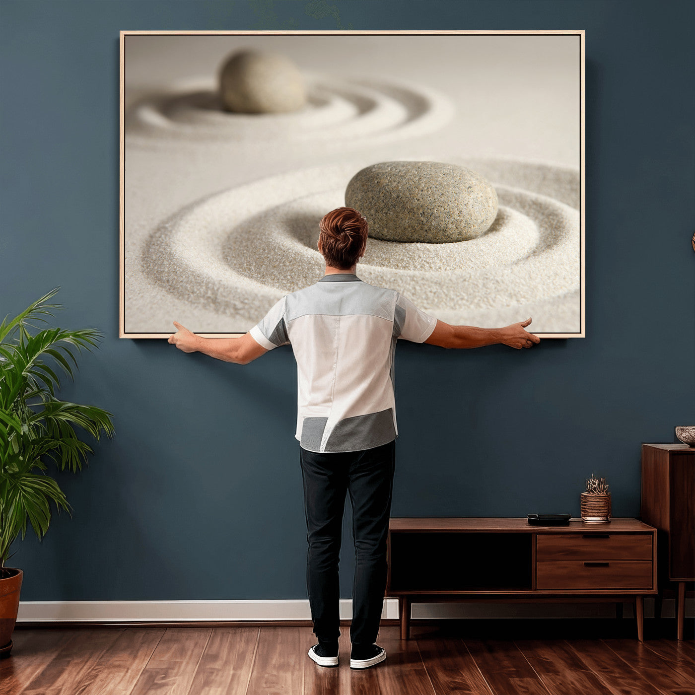 13397966-MGV-CV-36X24 - Zen Garden Stone Sand Canvas | Japanese Rock Garden Wall Art | Minimalist Meditation Print | Neutral Beige Mindfulness Decor
