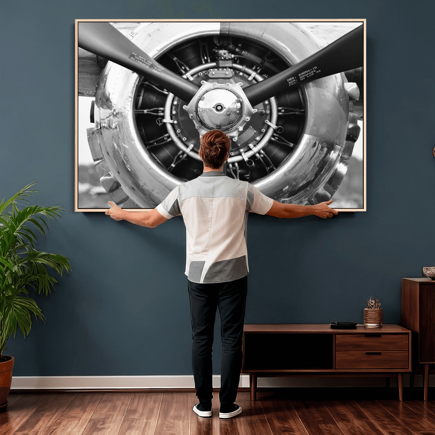 73322230-MGV-CV-36X24 - Vintage Propeller Plane Wall Art Canvas Print, Black and White Airplane Engine Close Up Framed Aviation Artwork for Pilot Office Hangar Decor
