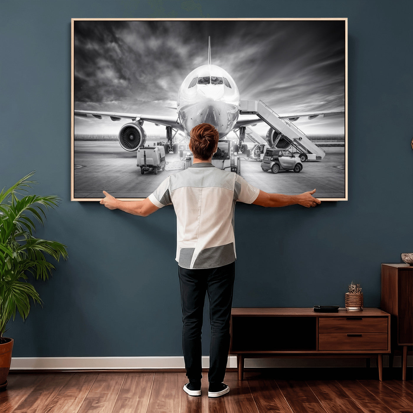 85885848-MGV-CV-36X24 - Airplane Wall Art Canvas Print, Black and White Jet Aircraft Airport Runway Framed Aviation Artwork for Pilot Office Hangar Travel Decor