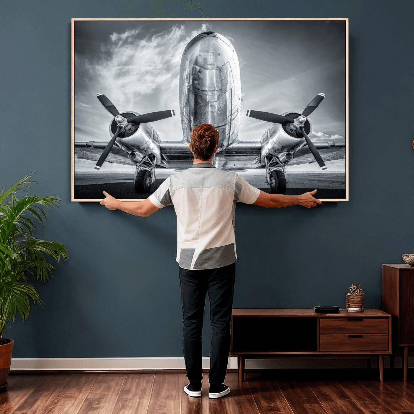 59729636-MGV-CV-36X24 - Vintage Propeller Plane Wall Art Canvas Print, Black and White Airplane Engine Close Up Framed Aviation Artwork for Pilot Office Hangar Decor