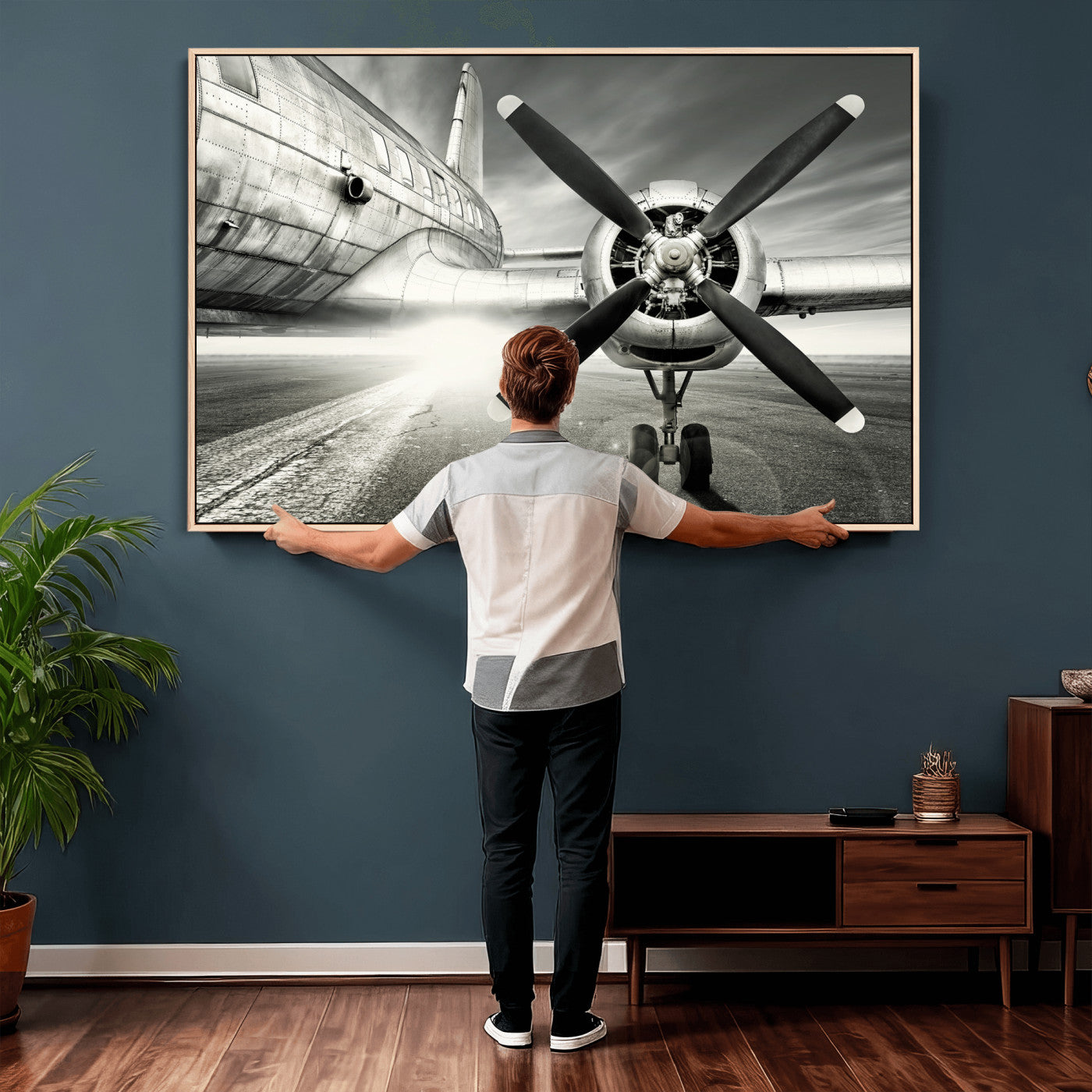 16420255-MGV-CV-36X24 - Vintage Airplane Wall Art Canvas Print, Black and White Propeller Aircraft Framed Aviation Artwork for Pilot Office Hangar Living Room Decor