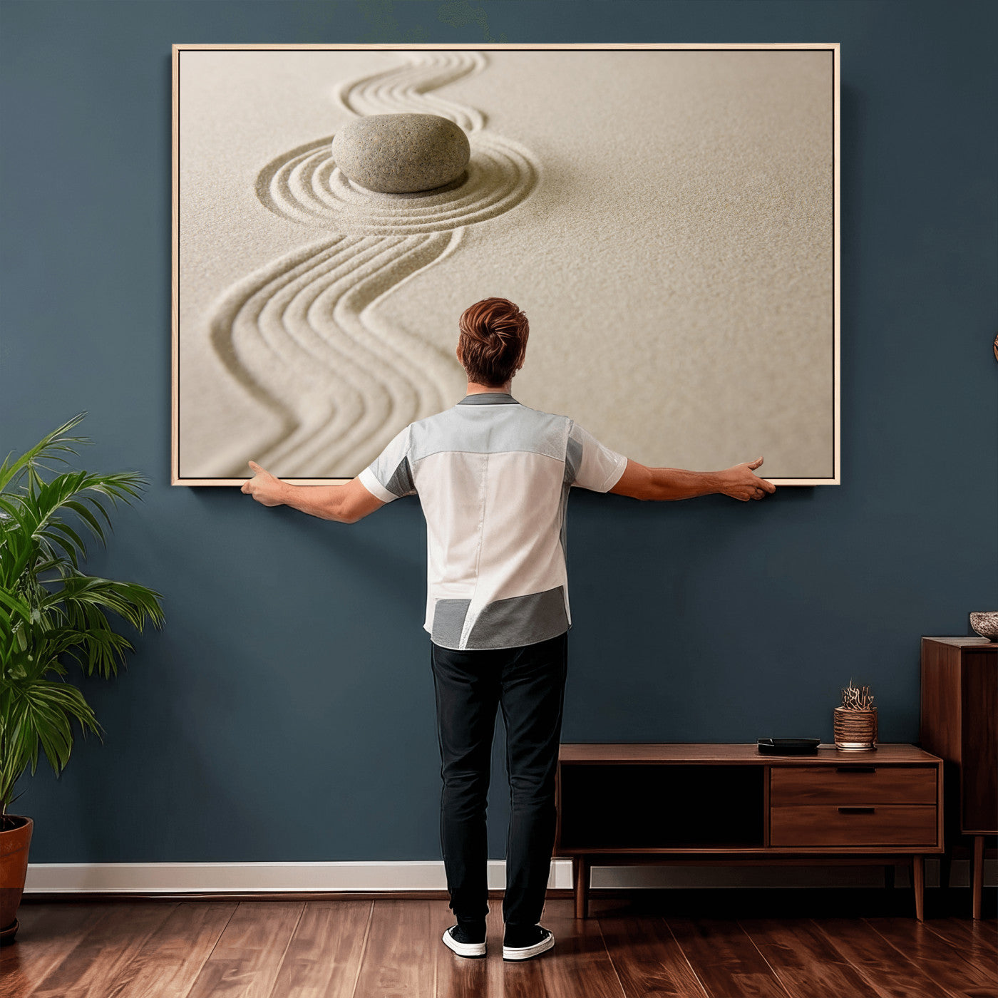 66852661-MGV-CV-36X24 - Zen Garden Stone Sand Canvas | Japanese Rock Garden Wall Art | Minimalist Meditation Print | Neutral Beige Mindfulness Decor