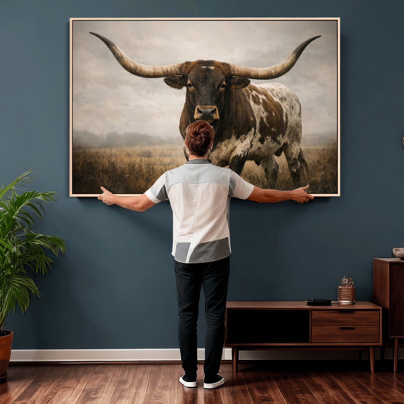 17622011L-MGV-CV-36X24 - Longhorn Bull Wall Art Canvas Print, Western Farmhouse Cowboy Decor, Rustic Texas Ranch Cattle Artwork for Living Room Bedroom Office, Framed Wall Decor