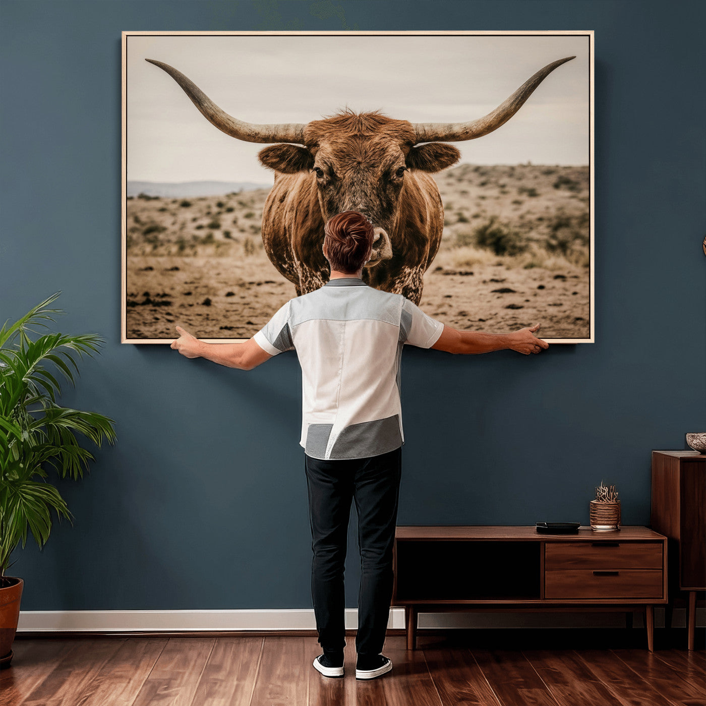 17622011K-MGV-CV-36X24 - Texas Longhorn Bull Wall Art Canvas Print, Western Farmhouse Cowboy Decor, Rustic Texas Ranch Cattle Artwork for Living Room Bedroom Office, Framed Wall Decor