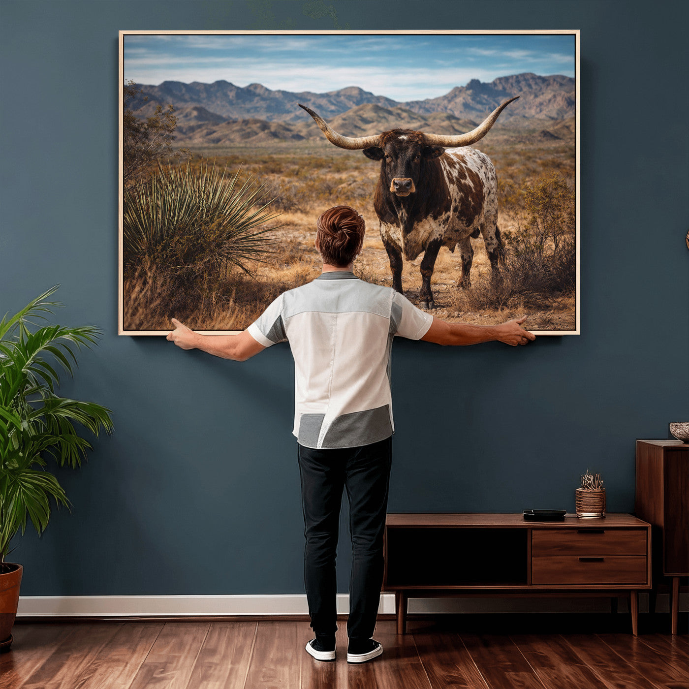 17622011S-MGV-CV-36X24 - Texas Longhorn Bull Wall Art Canvas Print, Western Farmhouse Cowboy Decor, Rustic Texas Ranch Cattle Artwork for Living Room Bedroom Office, Framed Wall Decor