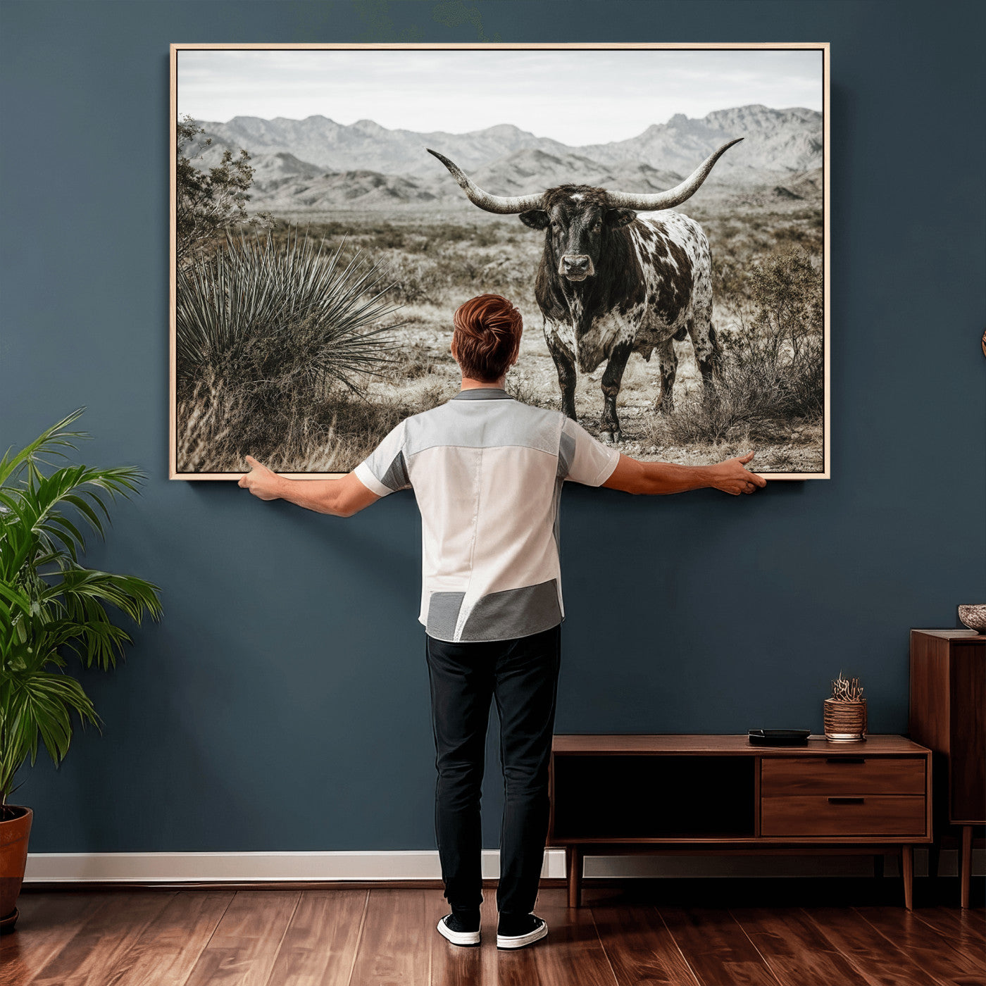 17622011H-MGV-CV-36X24 - Texas Longhorn Bull Wall Art Canvas Print, Western Farmhouse Cowboy Decor, Rustic Texas Ranch Cattle Artwork for Living Room Bedroom Office, Framed Wall Decor