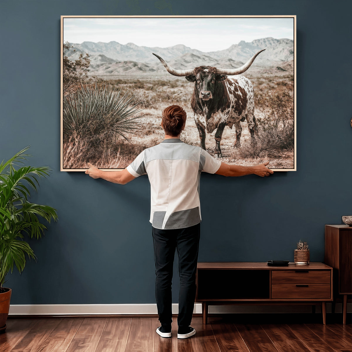 17622011H-MGV-CV-36X24 - Texas Longhorn Bull Wall Art Canvas Print, Western Farmhouse Cowboy Decor, Rustic Texas Ranch Cattle Artwork for Living Room Bedroom Office, Framed Wall Decor