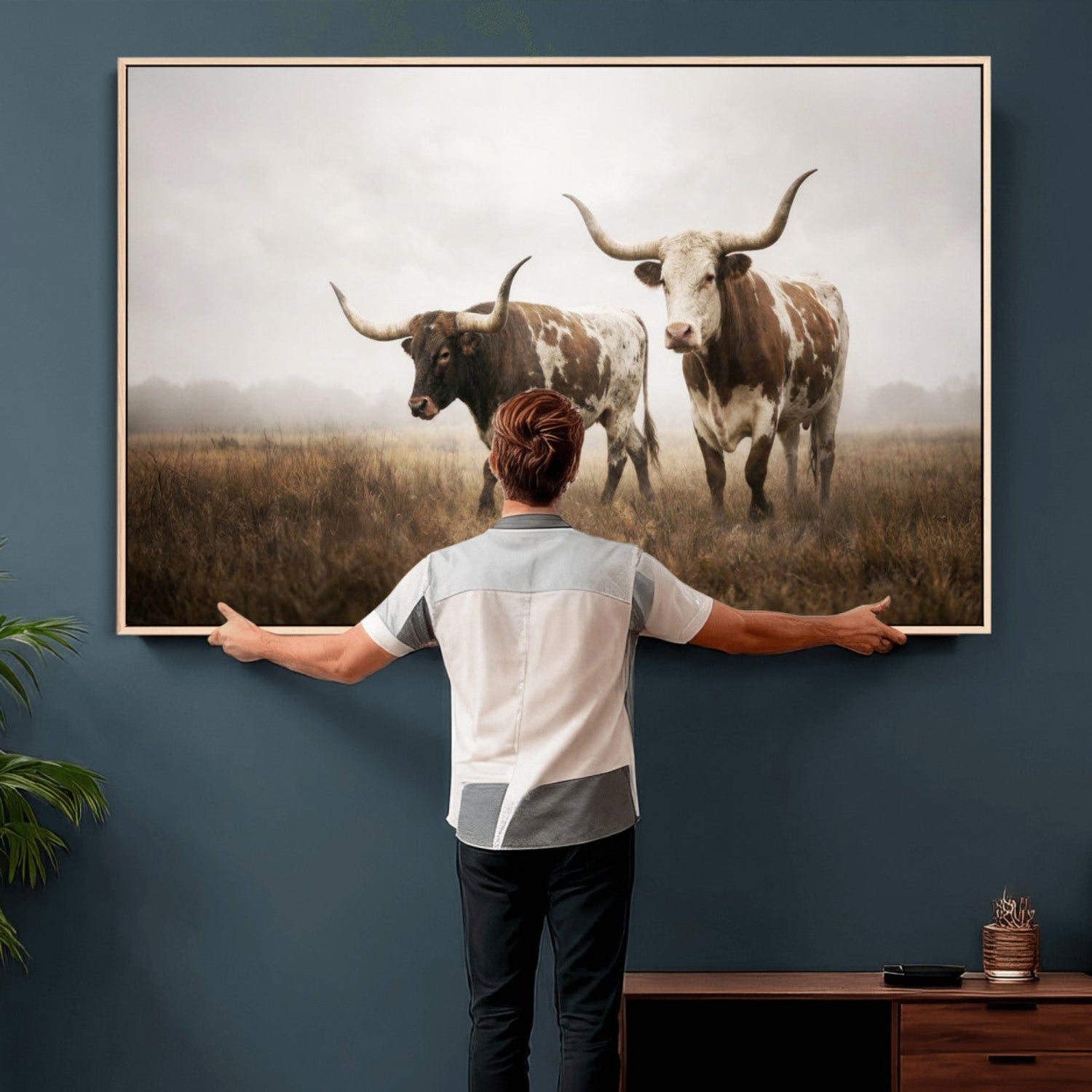 92881702-MGV-CV-36X24 - Texas Longhorn Canvas Wall Art Western Bull Desert Moody Grey Overcast Rustic Farmhouse Framed Large for Living Room Bedroom Office Decor