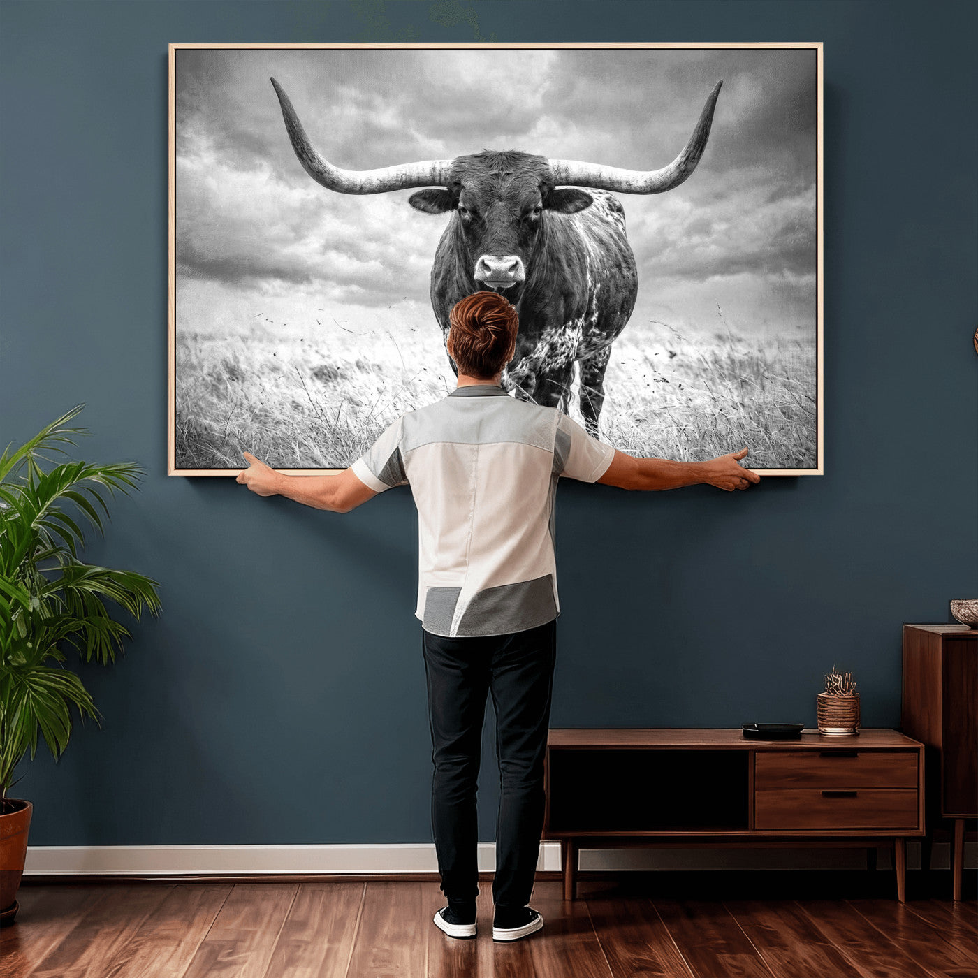 63336115-MGV-CV-36X24 - Texas Longhorn Canvas Wall Art Western Bull Desert Moody Grey Overcast Rustic Farmhouse Framed Large for Living Room Bedroom Office Decor