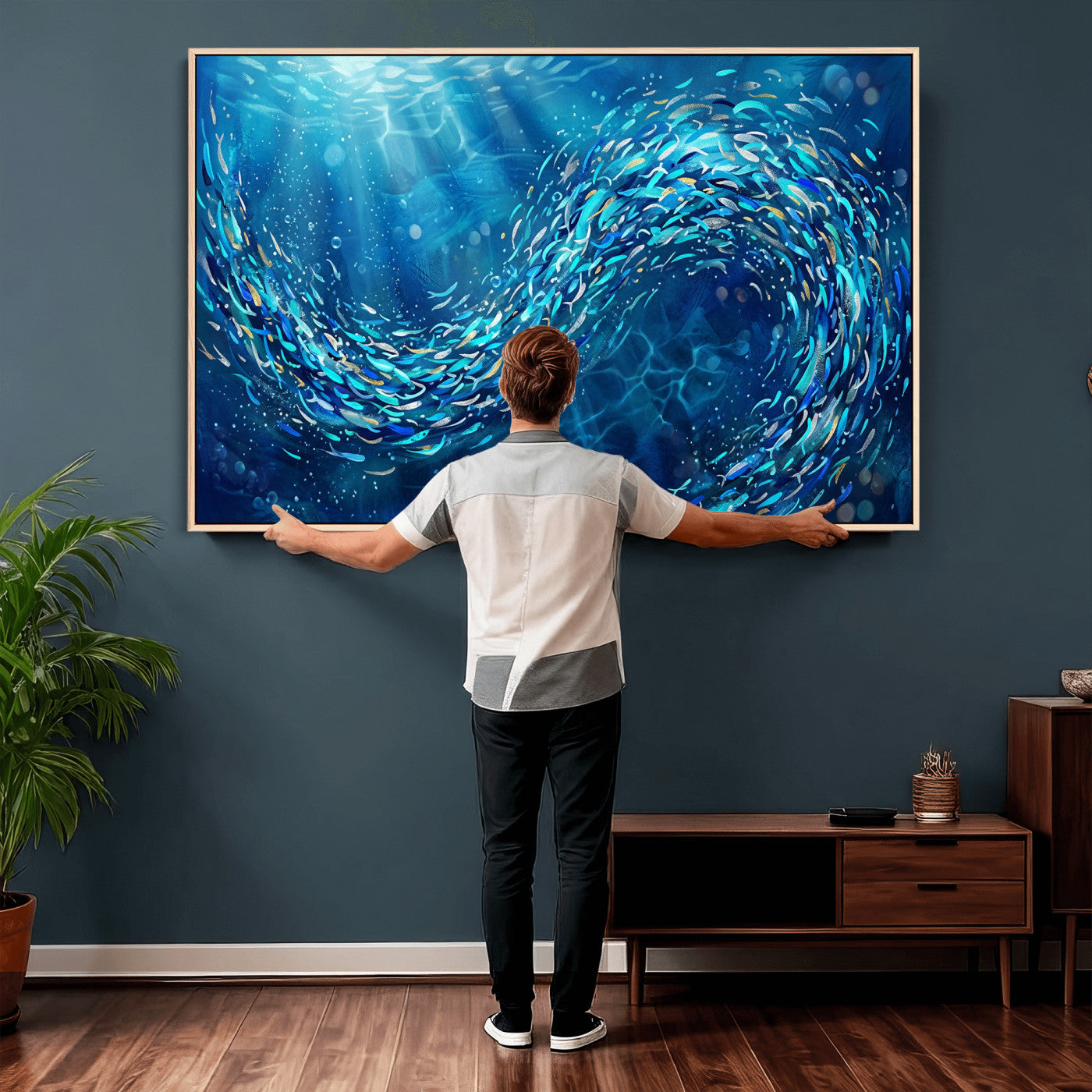 54535639-MGV-CV-36X24 - School of Fish Canvas Print | Blue Ocean Underwater Wall Art | Swirling Fish Shoal Illustration | Marine Navy Coastal Decor