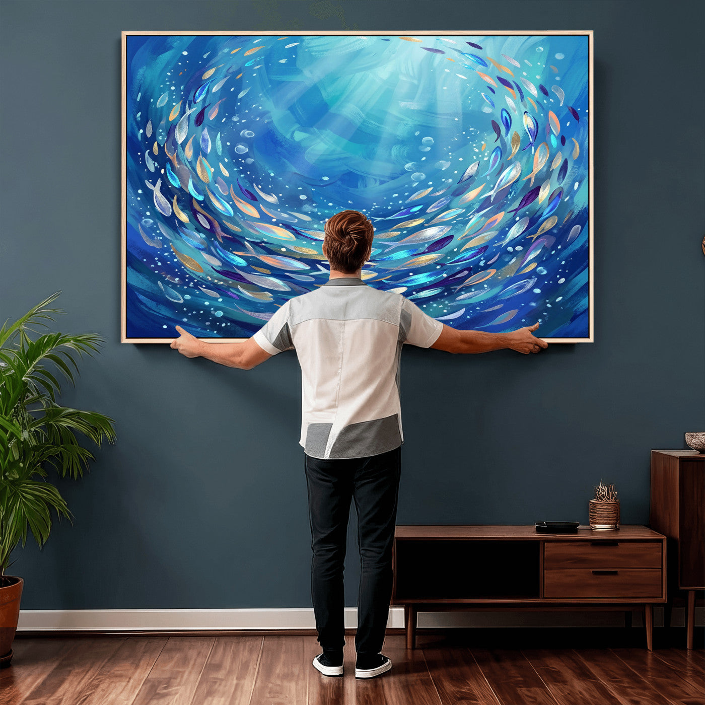 78699899-MGV-CV-36X24 - School of Fish Canvas Print | Blue Ocean Underwater Wall Art | Swirling Fish Shoal Illustration | Marine Navy Coastal Decor