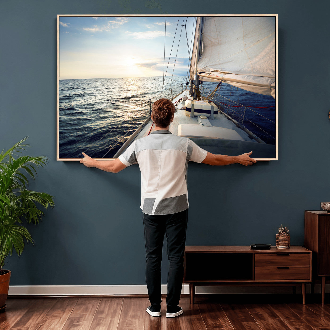 76381335-MGV-CV-36X24 - Sailboat Wall Art Canvas Print, Ocean Sunset Sailing Framed Artwork, Coastal Nautical Seascape Decor for Living Room Office Beach House