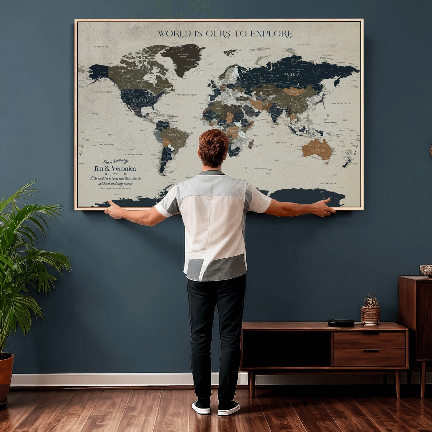 64110391126C-MGV-CV-36X24 - Custom Push Pin World Map Wall Art Canvas Print – Personalized Travel Tracker with Pins Framed Large for Home and Office Decor
