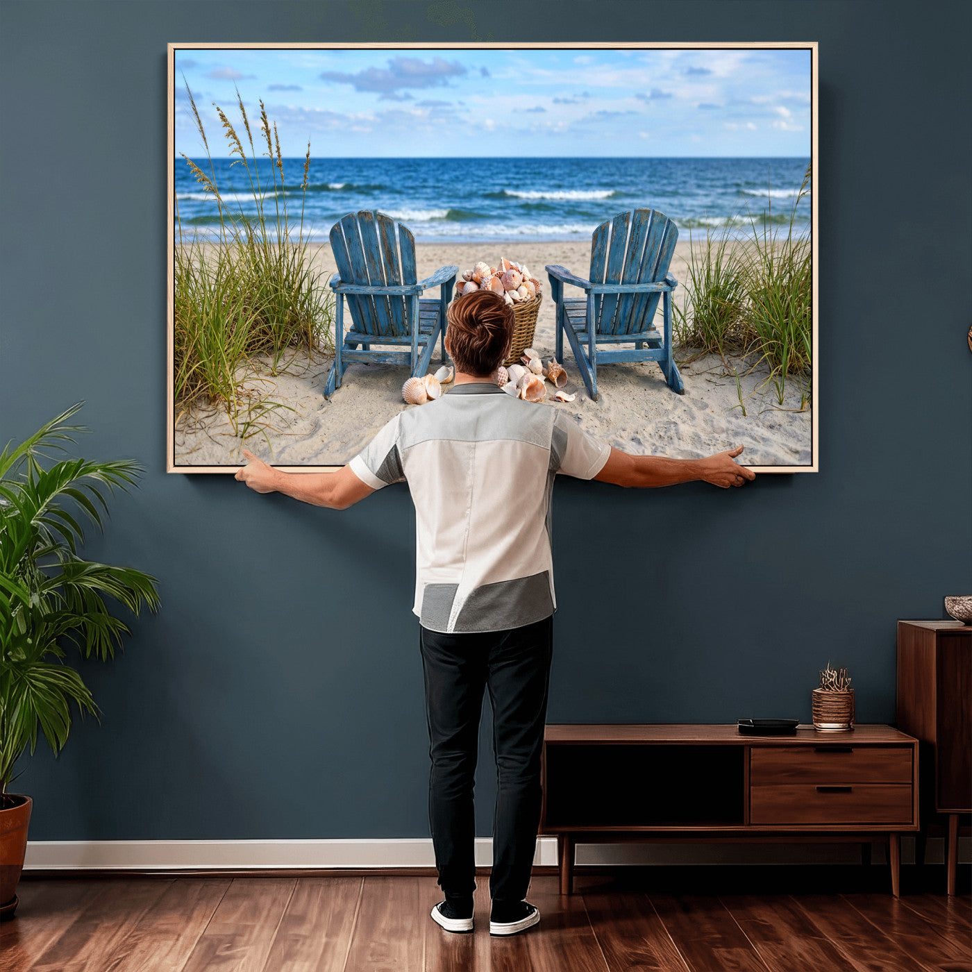 80268829-MGV-CV-36X24 - Large Beach Canvas Wall Art Coastal Adirondack Chairs Ocean Seashells Blue Nautical Framed Large for Living Room Bedroom Bathroom Decor