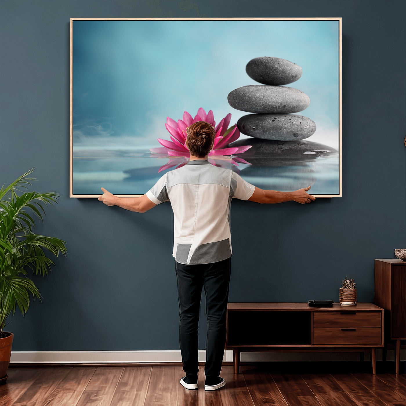84293154-MGV-CV-36X24 - Zen Canvas Wall Art Lotus Flower Stacked Stones Teal Spa Meditation Relaxation Framed Large for Bathroom Bedroom Living Room Office Decor