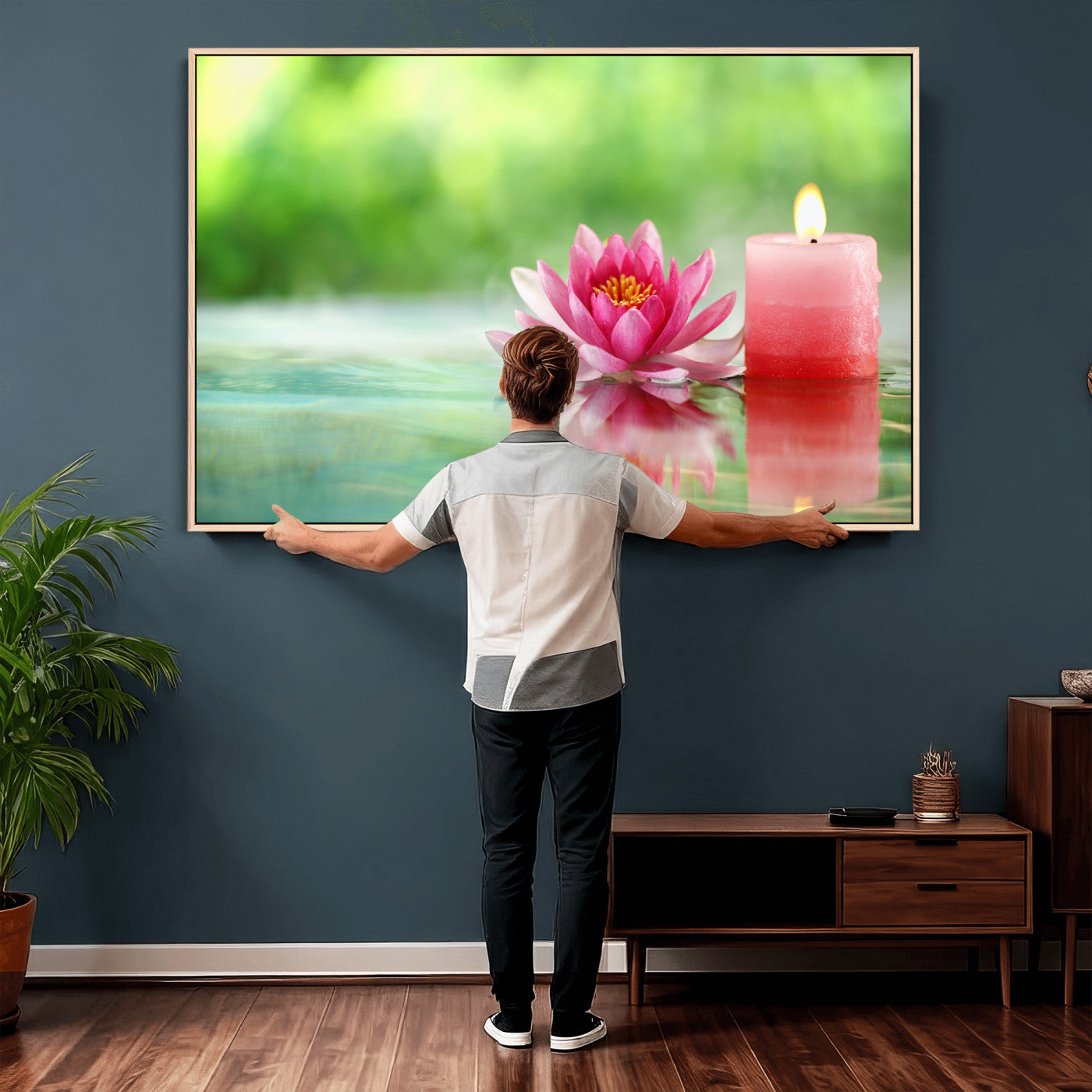 17661715-MGV-CV-36X24 - Zen Lotus Candle Canvas Wall Art Pink Spa Meditation Relaxation Green Bokeh Framed Large for Bathroom Bedroom Living Room Office Decor