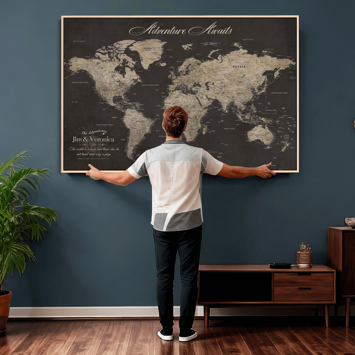 56556018136C-MGV-CV-36X24 - Custom World Map with Pins Canvas Wall Art Dark Charcoal Antique Tan Detailed Every Country Labeled Framed Large for Home Office Living Room Bedroom Decor