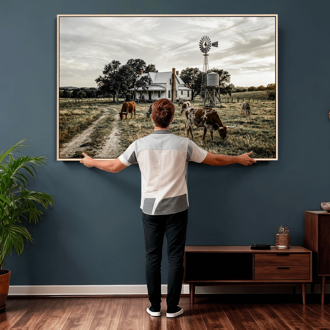 92429425-MGV-CV-36X24 - Texas Longhorn Ranch Wall Art Canvas Print, Rustic Western Farmhouse Decor, Country Landscape Canvas Wall Art, Vintage Cowboy Ranch Picture