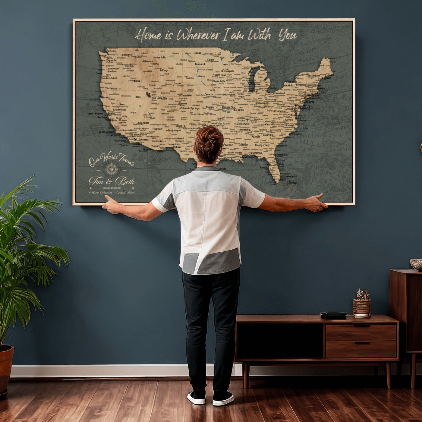 41270900-MGV-CV-36X24 - Custom Push Pin US Map Canvas | Personalized Travel Tracker | USA Cities Map Anniversary Gift for Couples | Adventure America Map Wall Art with Pins