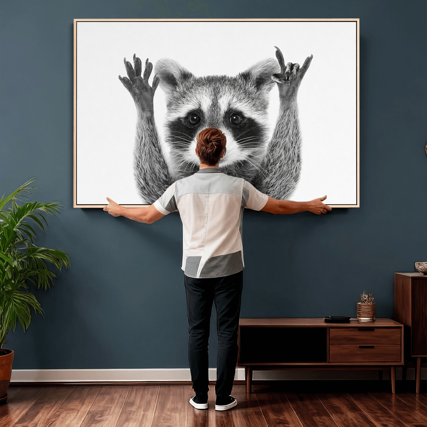82392228-MGV-CV-36X24 - Funny Raccoon Canvas Wall Art, Black White Hands Up Animal Photo Print, Humorous Wildlife Decor, Kids Room Nursery Art, Quirky Animal Gift