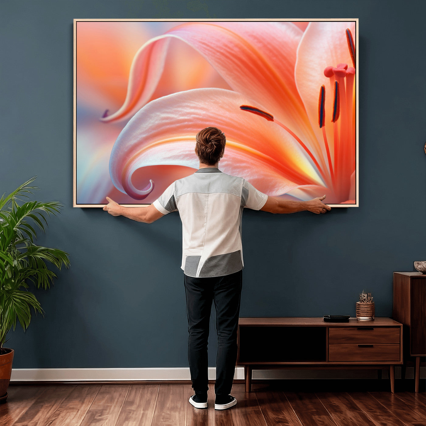69566231-MGV-CV-36X24 - Peach Lily Canvas Wall Art, Coral Pink Flower Macro Photo Print, Botanical Bedroom Decor, Soft Floral Photography, Living Room Wall Art